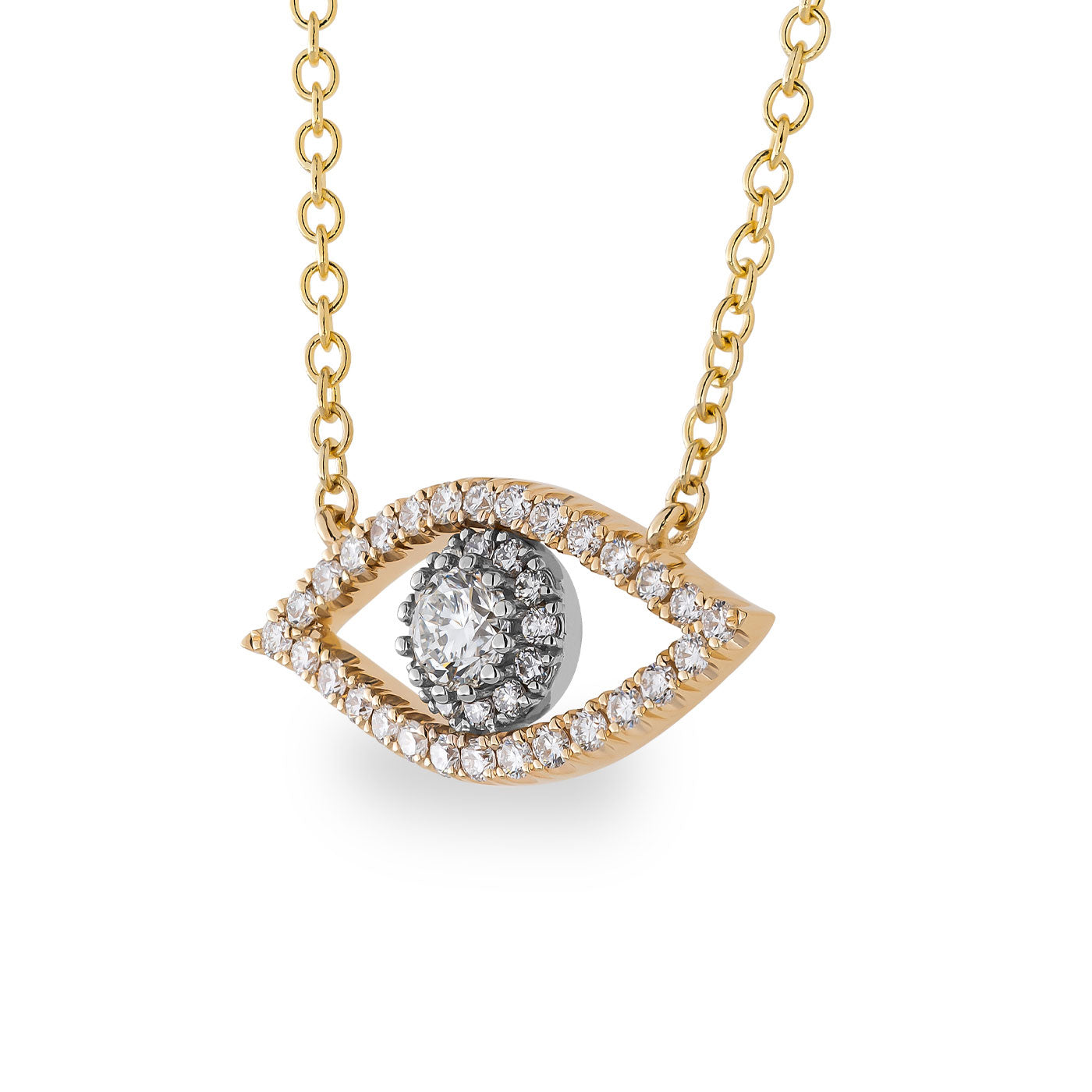 The Raffi&Co.® 14K Yellow Gold Diamond Evil Eye Necklace Pendant showcases an eye-shaped pendant adorned with small, shimmering diamonds. A larger central round diamond is encircled by additional diamonds. The chain, crafted from 14K Yellow Gold, features delicate and elegant links that enhance its spiritual symbolism.