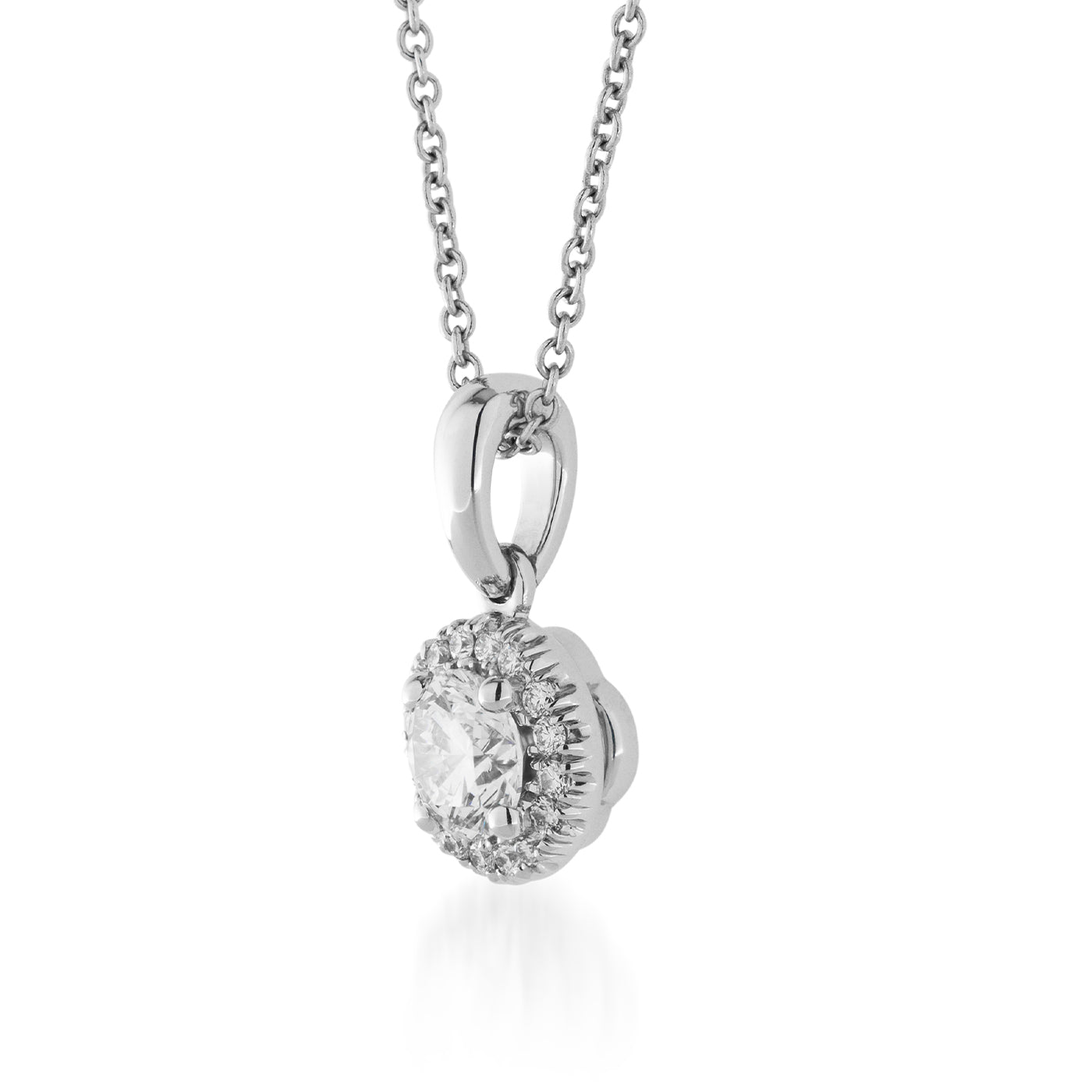 The Raffi&Co.® 14K White Gold Lab Grown Diamond Pendant Necklace showcases a round, sparkling pendant with a central lab-grown diamond encircled by smaller stones, all hanging from a delicate chain that reflects sustainable luxury.