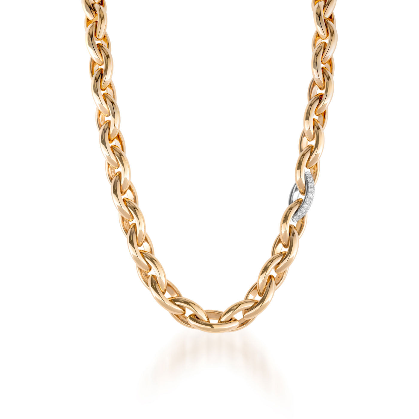 The Raffi&Co.® 18K Yellow Gold Oval Link and Diamond Necklace by Raffi&Co features interlocking oval links and a pavée diamond-accented link, shown on a white background.
