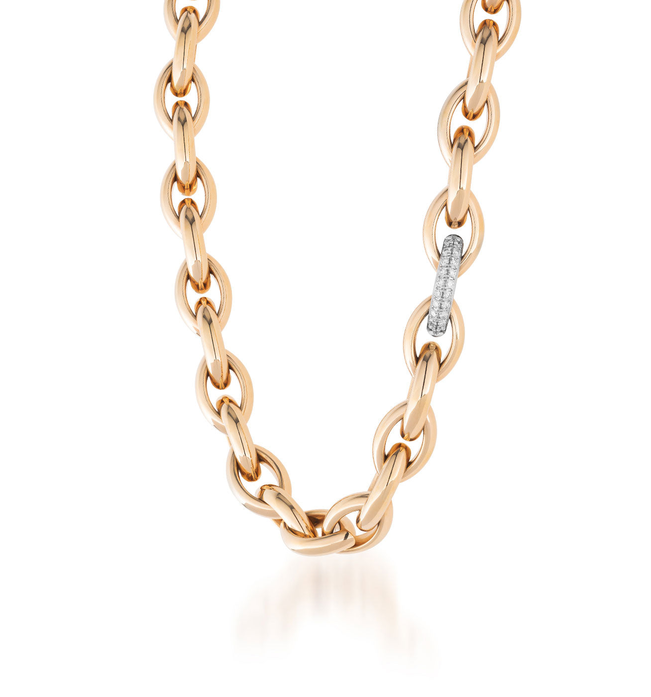 The Raffi&Co.® 18K Yellow Gold Oval Link and Diamond Necklace features large, elegant oval links and a single pavée link accented with small white diamonds, all set against a white background.