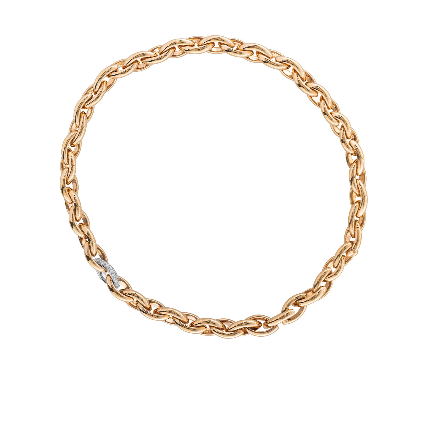 The Raffi&Co.® 18K Yellow Gold Oval Link and Diamond Necklace features interlocking links with a diamond-accented link, displayed in a circular arrangement on a white background.