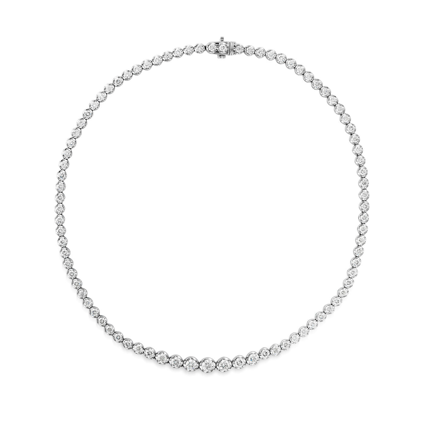 The Raffi&Co.® 18K White Gold Round Brilliant Diamond Tennis Necklace features a continuous row of graduated round diamonds in a symmetrical, elegant design forming a complete circle.
