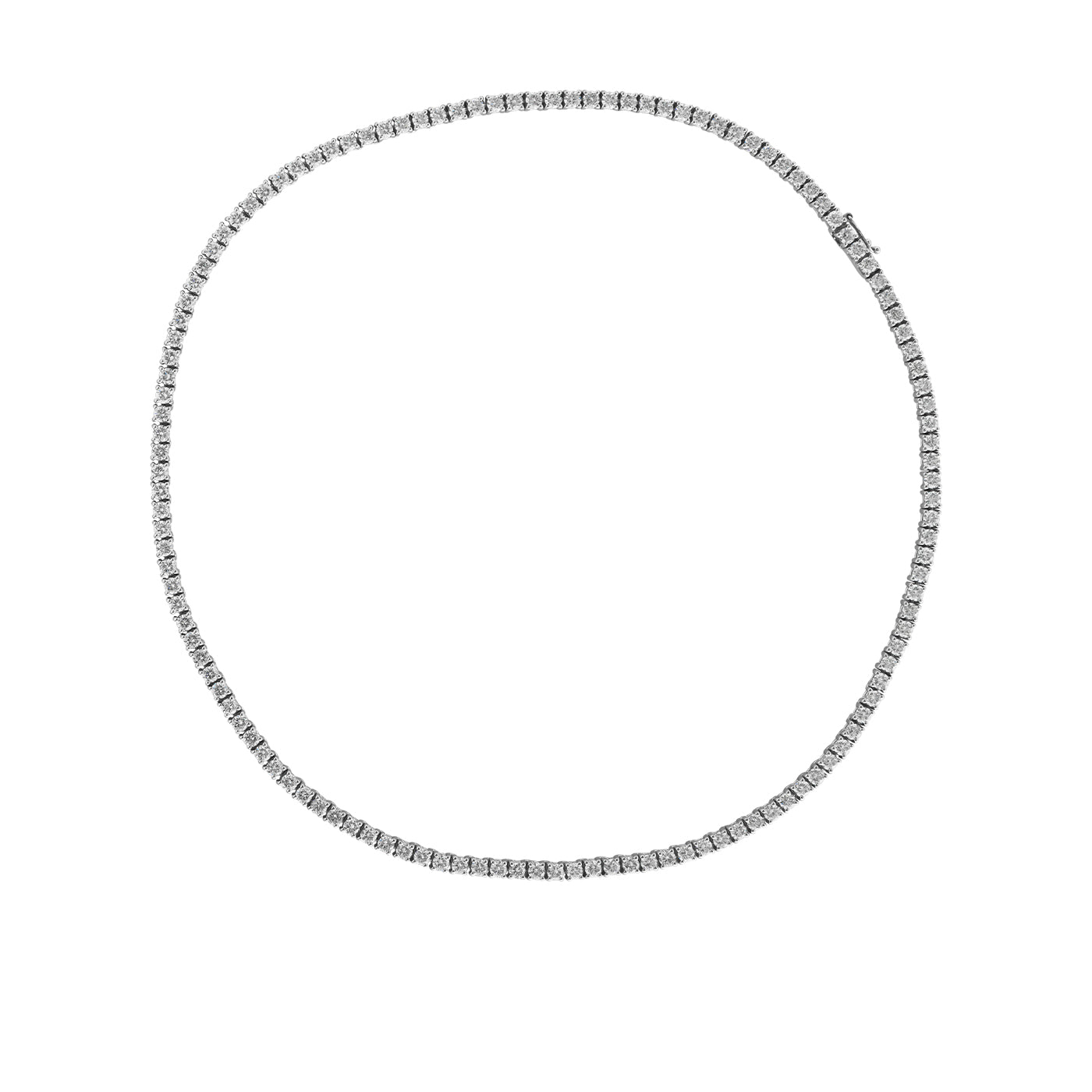 The Raffi&Co.® 18K White Gold Round Brilliant Diamond Tennis Necklace features a continuous line of sparkling diamonds set in a sleek white gold chain, exuding pure elegance against a plain white background.