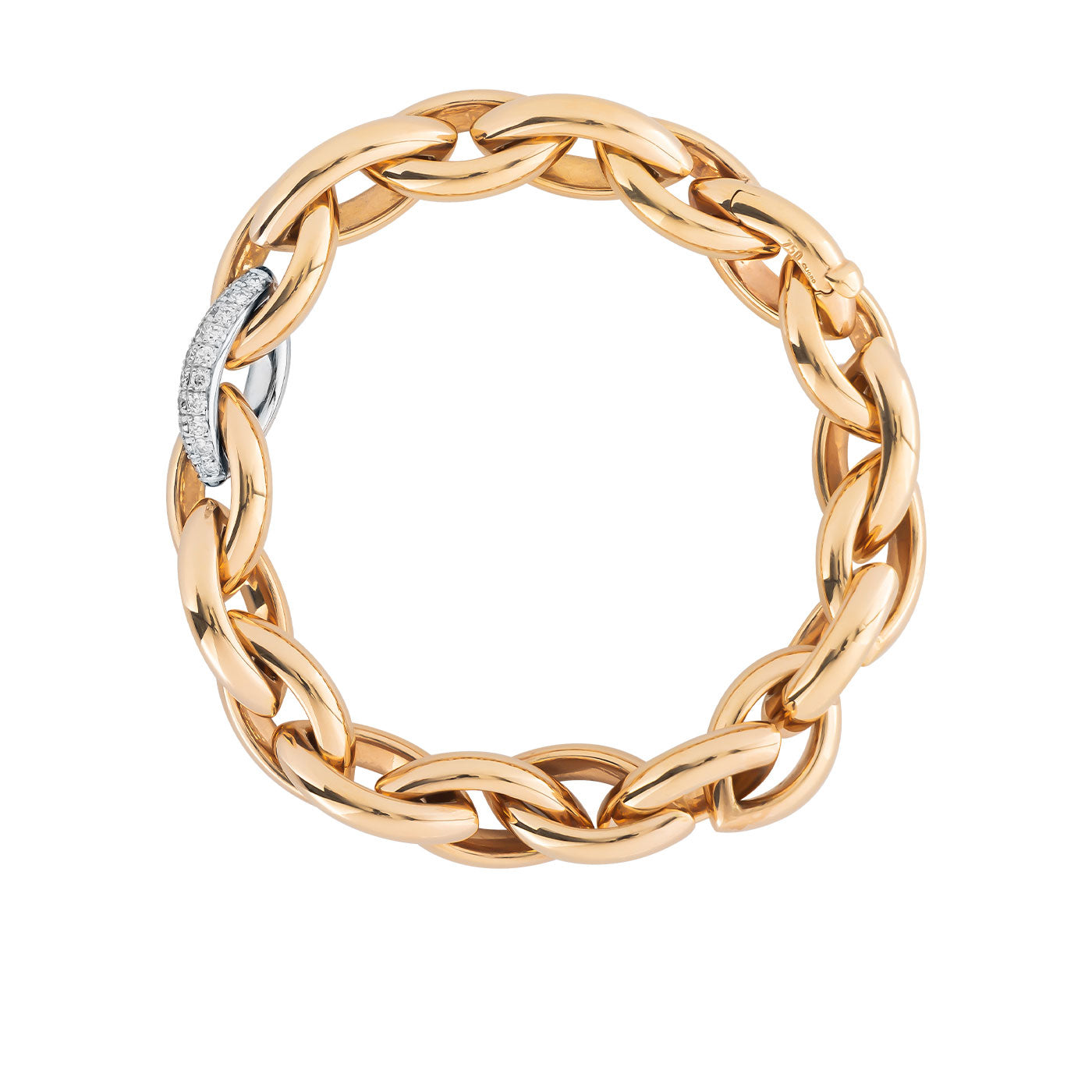 Introducing the Raffi&Co.® 18K Rose Gold Diamond Chain Bracelet: a stunning piece from Raffi&Co that showcases interlocking links, highlighted by a section gracefully adorned with pavé diamonds, combining elegance and luxury beautifully.