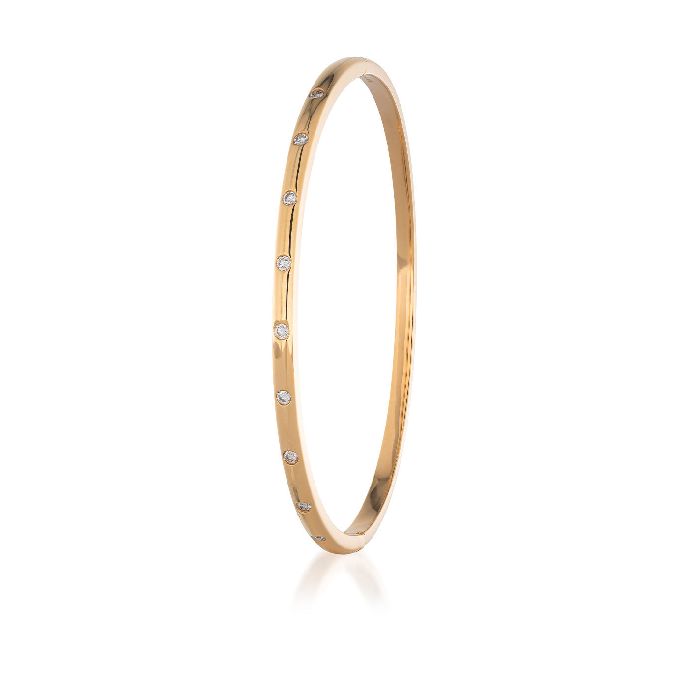 The Raffi&Co.® 18K Rose Gold Diamond Bangle features an elegant design with small, evenly spaced diamonds encircling its circumference, creating a stunning contrast against a plain white background.
