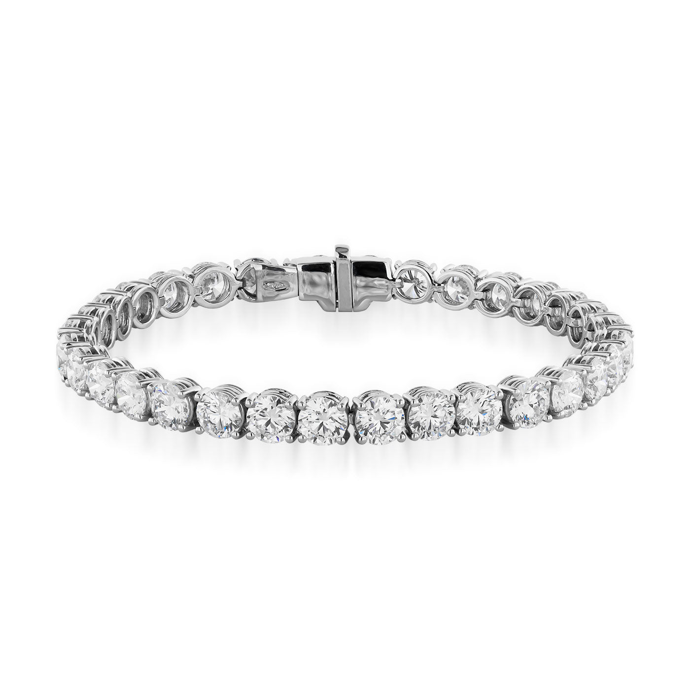 The Raffi&Co.® 18K White Gold Diamond Tennis Bracelet presents an elegant series of round, sparkling gemstones totaling 13.70 carats, set in a delicate 18K white gold chain and displayed on a white background.