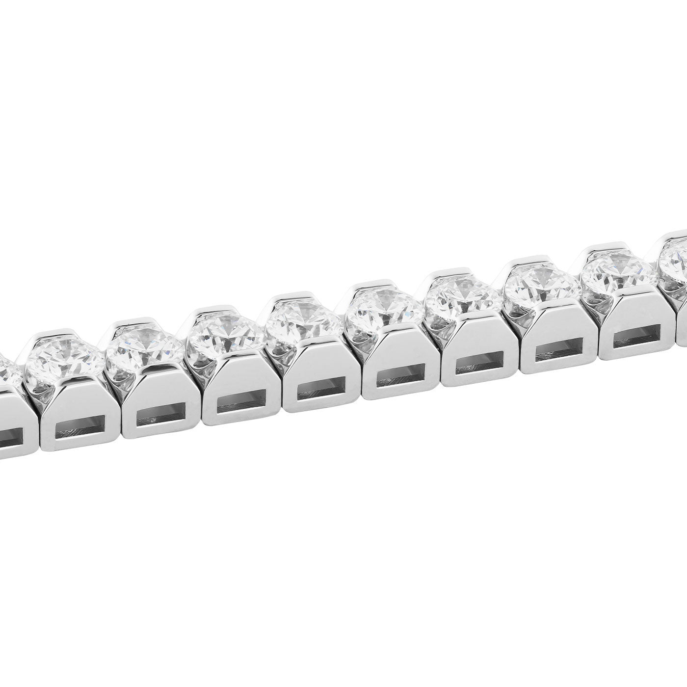 Close-up image of a stunning Raffi&Co.® 14K White Gold Diamond Tennis Bracelet, showcasing hexagonal links with each clear gemstone elegantly set in a raised bezel, echoing the timeless sophistication of a classic diamond tennis bracelet.