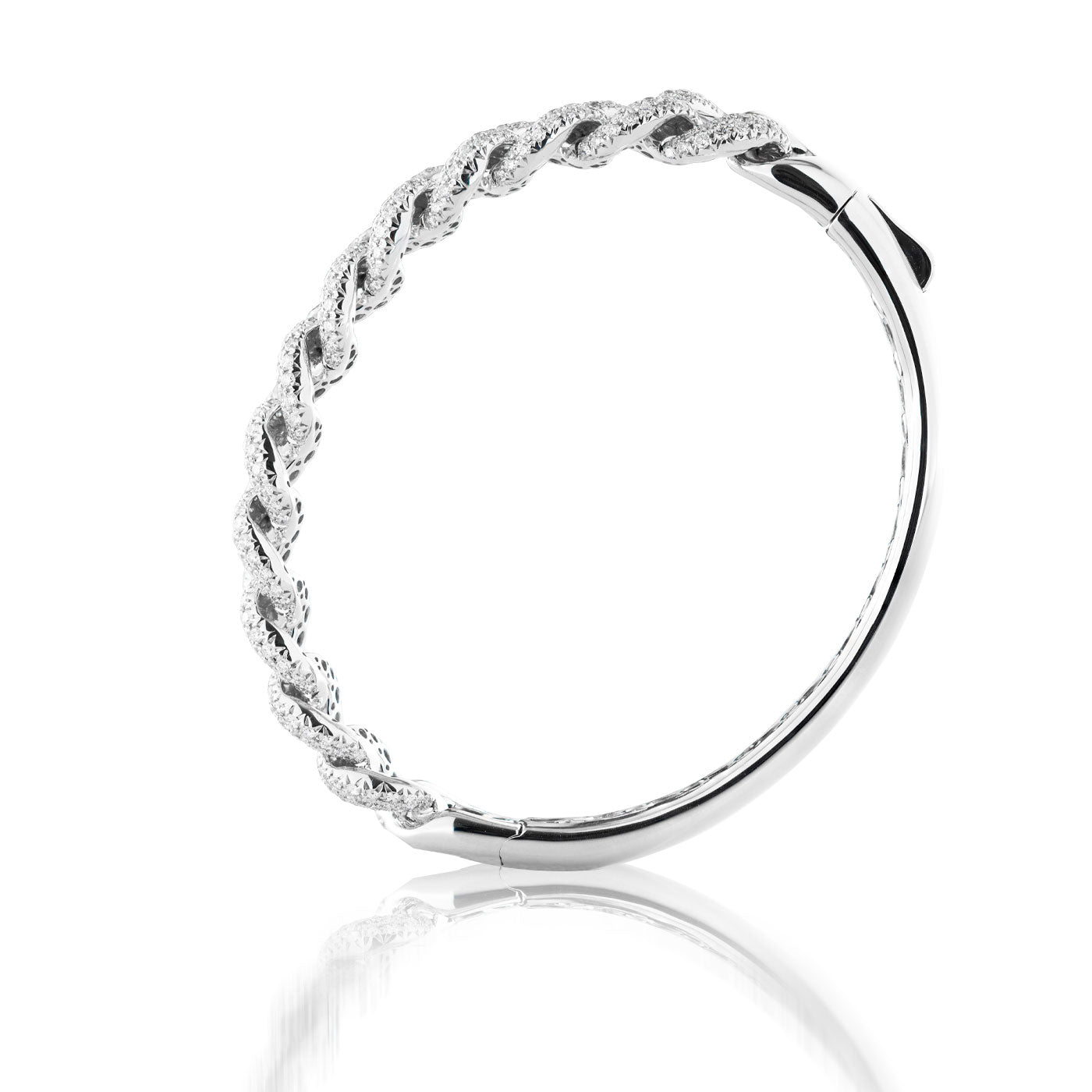 Presenting the Raffi&Co.® 18K White Gold Diamond Miami Cuban Bangle, this exquisite piece showcases intricate craftsmanship with a twisted, textured design enhanced by sparkling diamonds. The circular bangle features a sleek, polished clasp that stands out beautifully against a white background, emphasizing its elegant details.