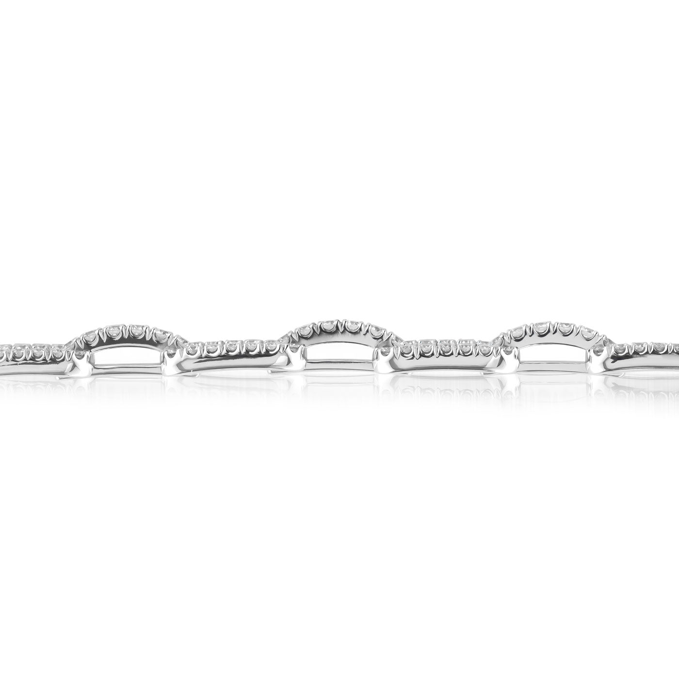 Explore the sophistication of the Raffi&Co.® 14K White Gold Diamond Bracelet, featuring a series of diamond-enhanced links. This handcrafted piece showcases intricately designed arch-shaped sections adorned with small, shimmering diamonds, perfect for those who appreciate refined design and timeless beauty.