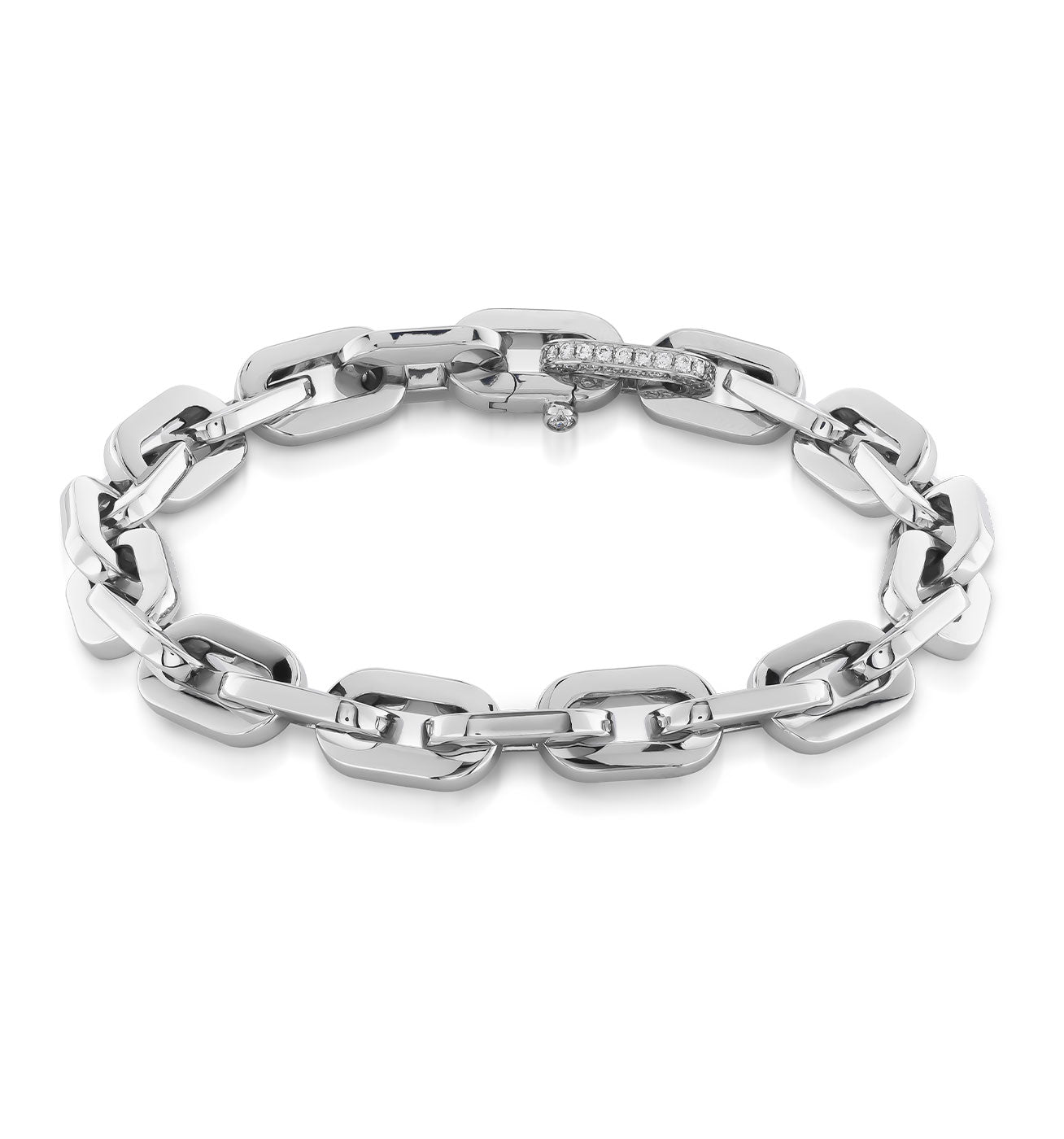 A luxurious accessory, the Raffi&Co.® 18K White Gold Diamond Chain Bracelet features thick, interlocking rectangular links. The handcrafted closure is adorned with small diamonds, adding a touch of sparkle to its sleek, modern design.