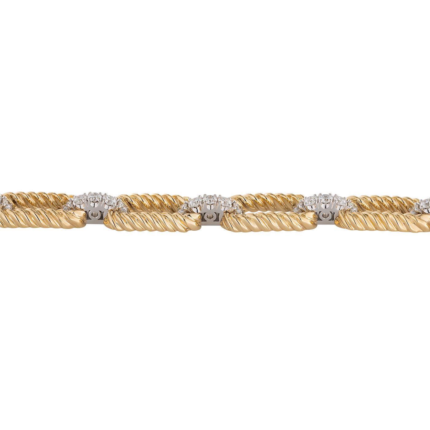Here is a close-up of the Raffi&Co.® 14K Yellow Gold Diamond Bracelet by Raffi&Co, featuring alternating rope-textured gold links and smooth silver links adorned with small white gemstones. The bracelet elegantly combines metallic textures with round diamonds.