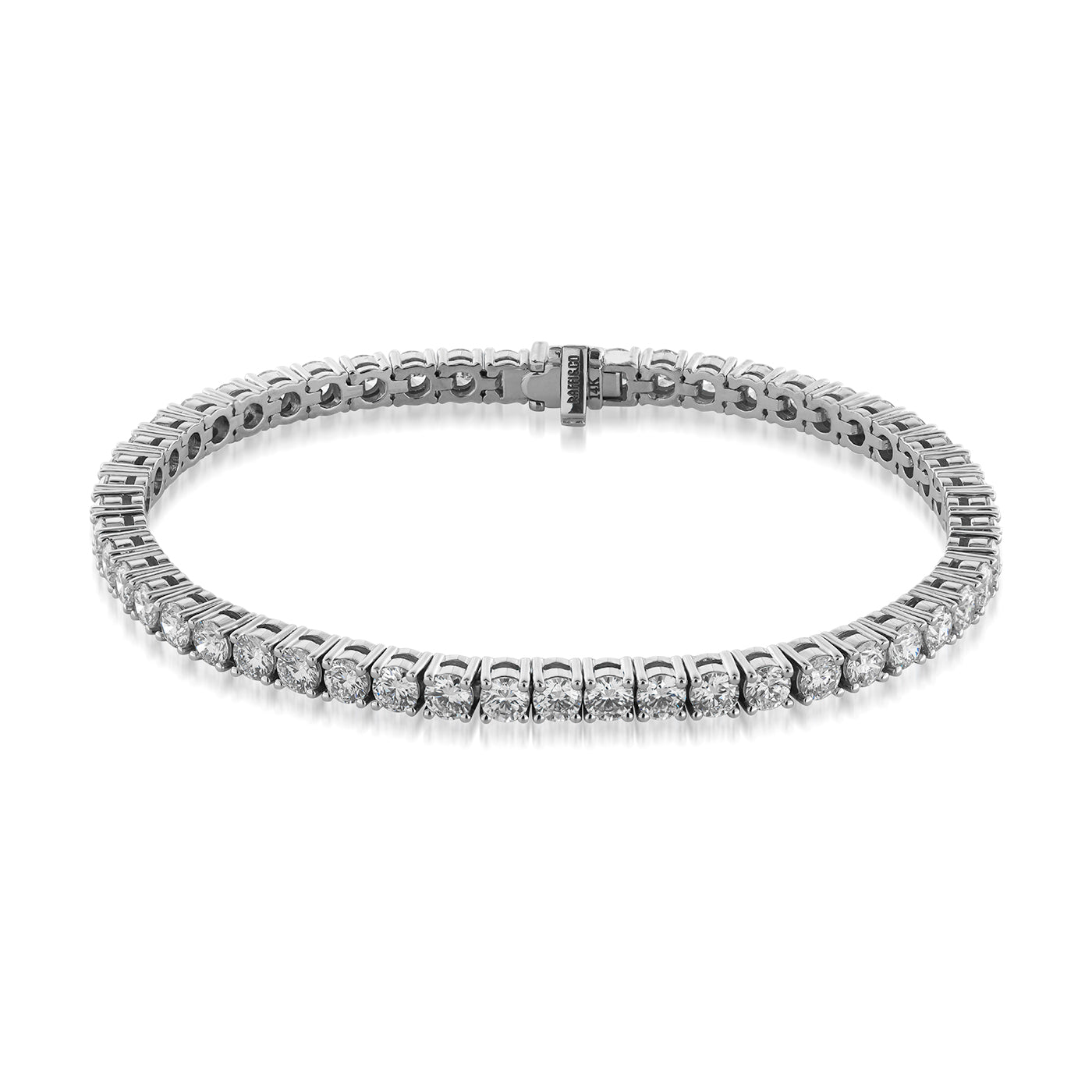 The Raffi&Co.® 14K White Gold Lab Grown Diamond Tennis Bracelet is adorned with sparkling round-cut lab-grown diamonds. This piece features a secure clasp and boasts an elegant, symmetrical design, beautifully showcased against a plain white background.