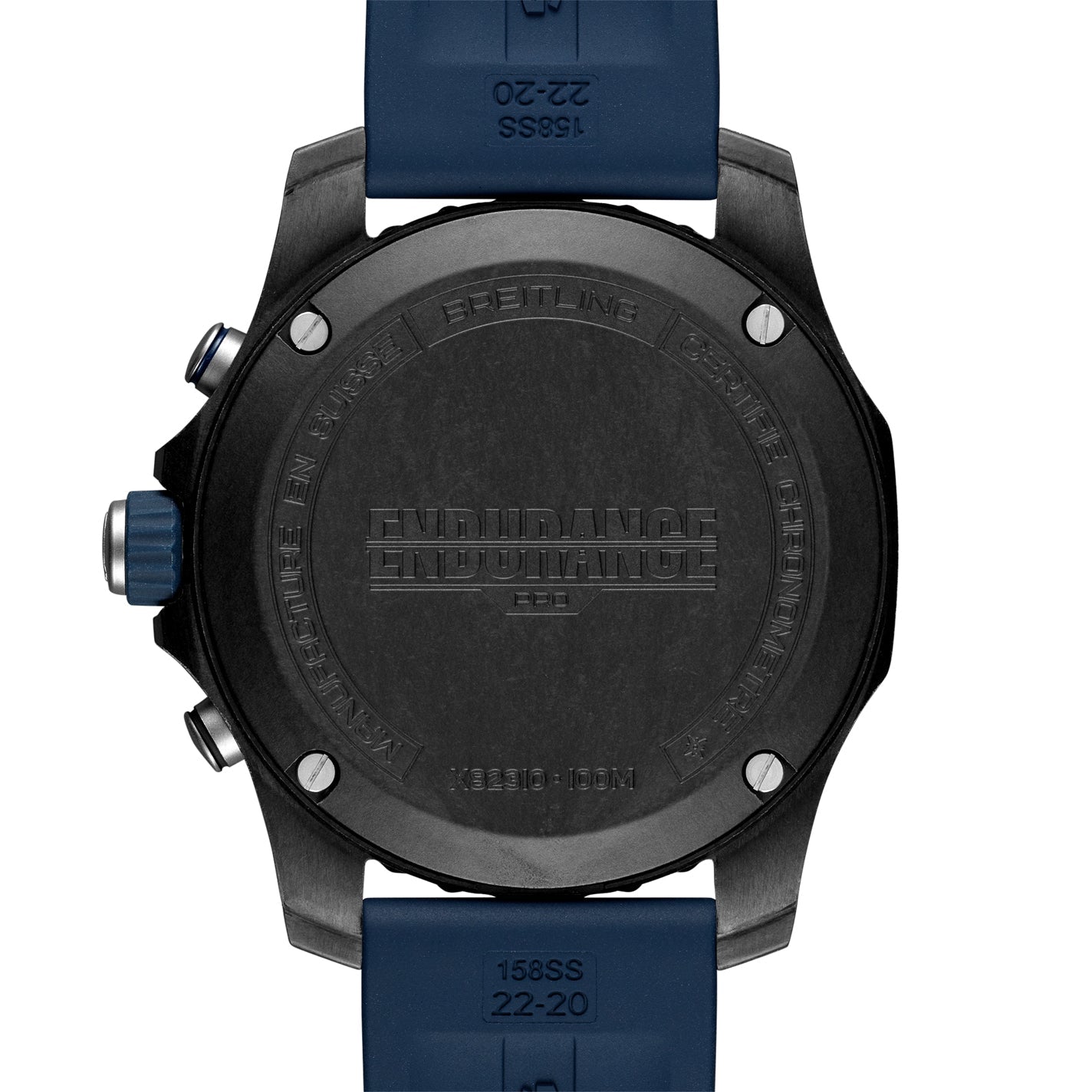 A black BREITLING Endurance Pro watch with a blue band prominently displays the words "Endurance" and "BREITLING" on the back. Crafted from Breitlight®, it features buttons on the left side, making it ideal for sports chronograph enthusiasts.