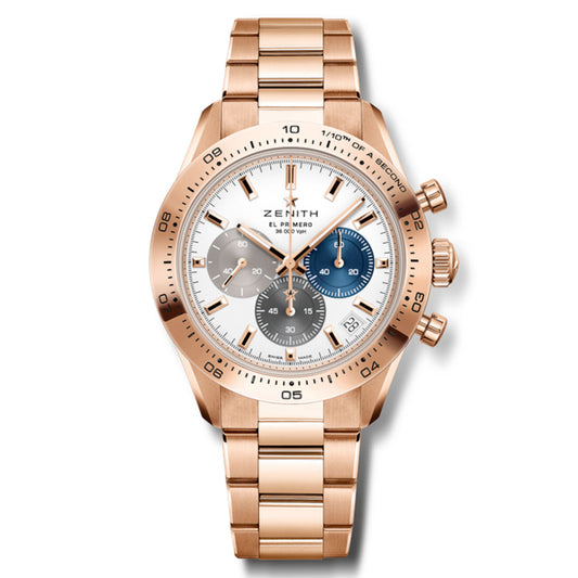 This Zenith Chronomaster Sport El Primero 3600 Automatic Chronograph watch features a luxurious gold bracelet and a round face. The elegant white dial includes three subdials in gold, white, and blue, along with three rose gold buttons on the side. "ZENITH El Primero 3600" is printed on the face, capturing the sophisticated essence of the CHRONOMASTER Sport collection.