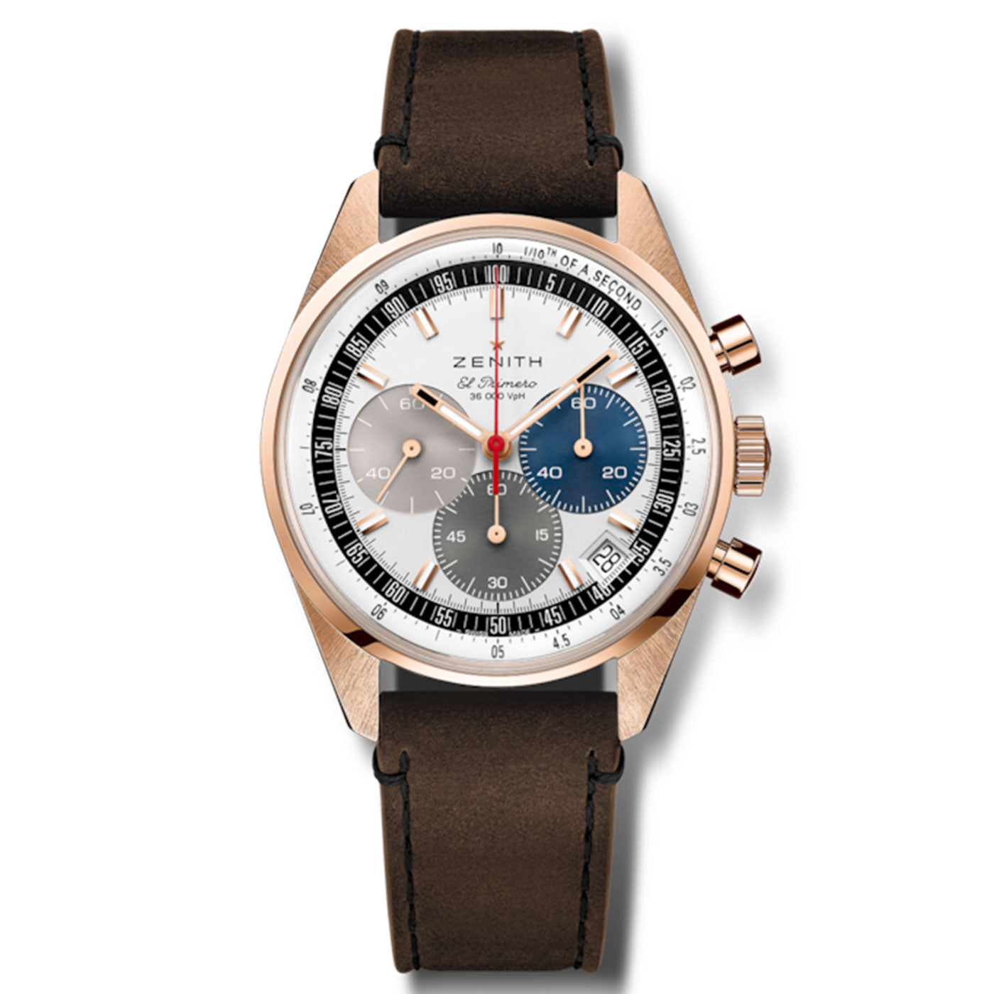 The ZENITH Chronomaster Original El Primero 3600 Automatic Chronograph 38mm Watch by Zenith is a luxury timepiece featuring a gold-toned case, a vibrant multicolored dial with three sub-dials, and a brown leather strap. It boasts a classic design with sleek hands and markers, complemented by two push buttons on the side for added functionality.