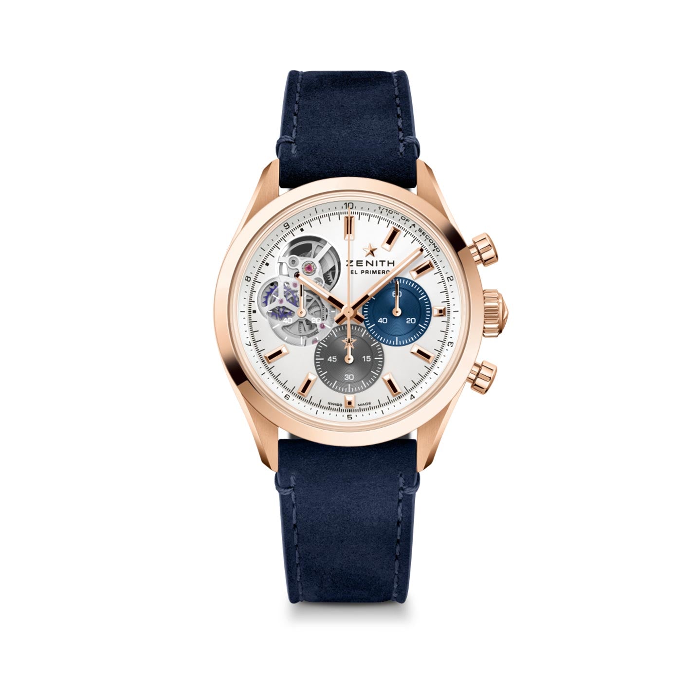 The ZENITH Chronomaster Open El Primero 3604 Automatic Chronograph 39.5mm Watch by Zenith features a rose gold case, white dial, and navy blue leather strap. It showcases an open heart design revealing the El Primero movement, along with three sub-dials and gold hour markers. The silver-toned hands are elegantly complemented by the iconic Zenith logo at 12 o'clock.