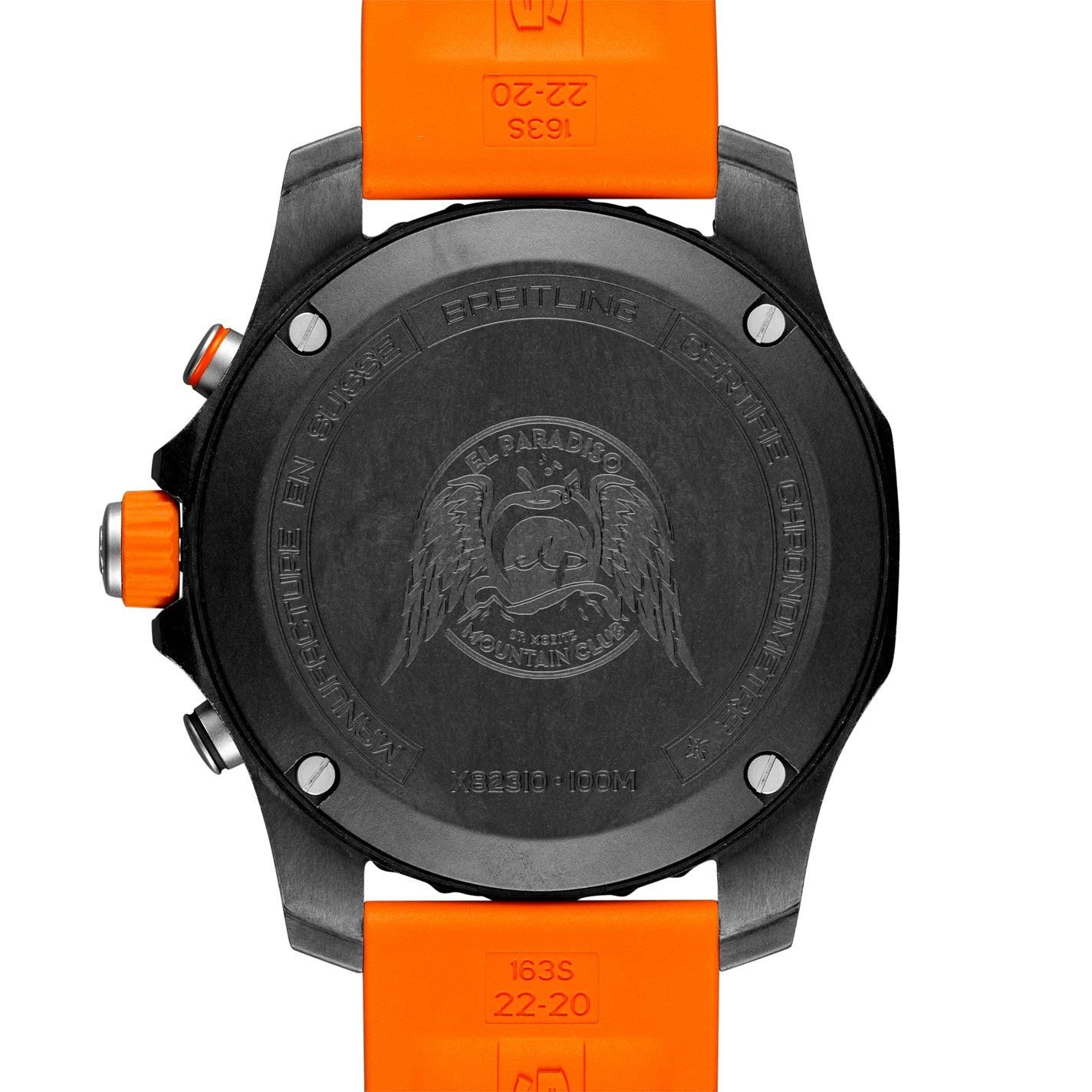 The back of a black Breitling Endurance Pro 44 watch with an orange strap features a winged logo, "El Paradiso Mountain Club" engraving, surrounded by numbers and BREITLIGHT branding.