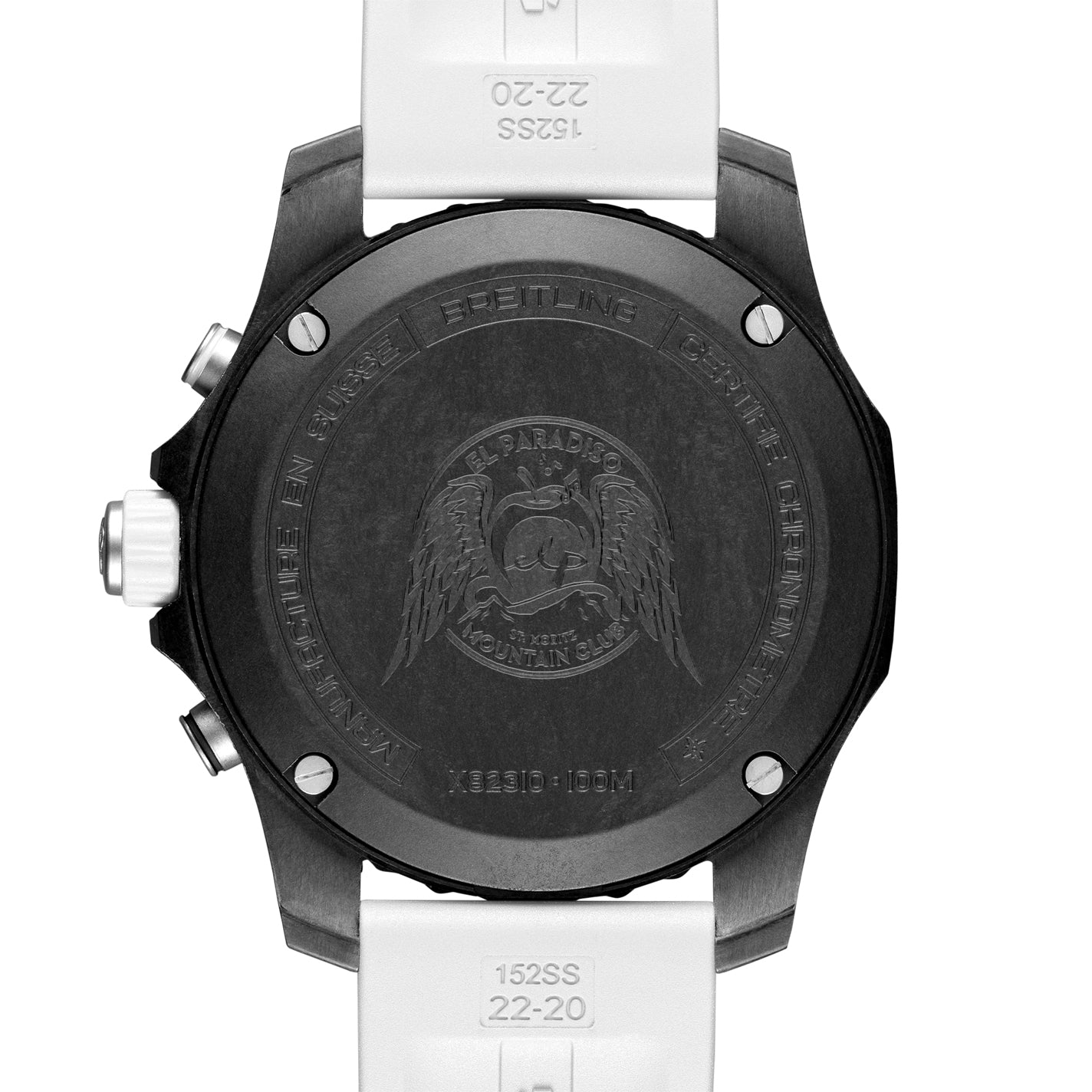 The image showcases a BREITLING Endurance Pro wristwatch with a white strap. The black Breitlight® case is adorned with engraved text and an emblem at its center, complemented by two metal buttons on the side, blending sophistication with the appeal of an athleisure watch.