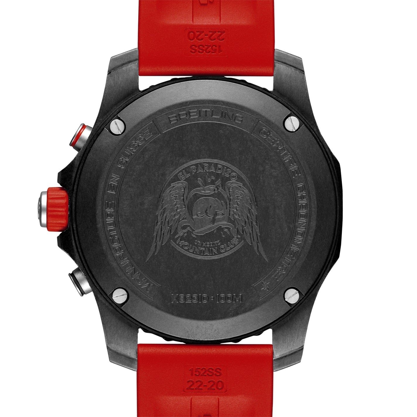 The back of the BREITLING Endurance Pro, a watch featuring a sleek black design with a striking red strap, showcases a winged emblem on the case back. This Swiss-made timepiece by Breitling features two red buttons on the side and is water-resistant up to 100 meters, highlighting its enhanced durability through Breitlight® technology.