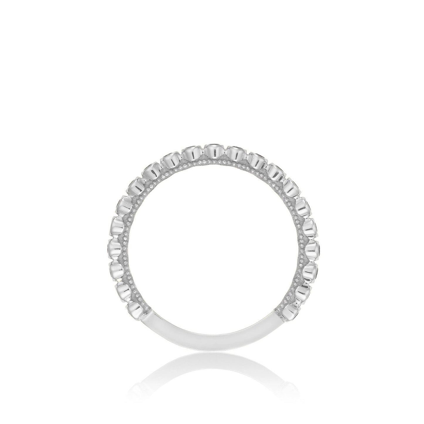 An 18K white gold ring featuring a row of small, evenly spaced square studs encircles its circumference, reminiscent of the intricate craftsmanship found in the Tacori Sculpted Crescent series, set elegantly against a plain white background.