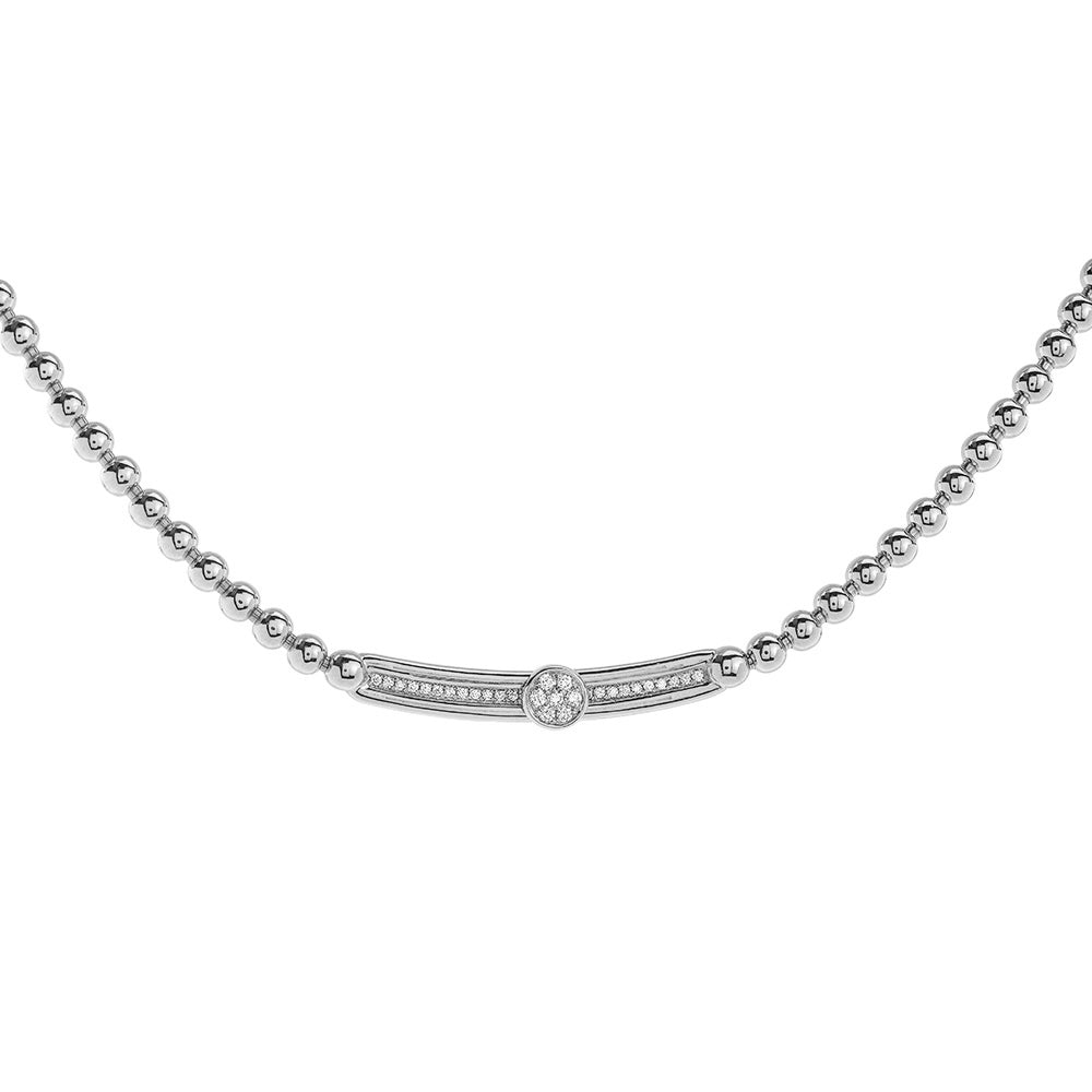 The Hulchi Belluni Tresore 18K White Gold Diamond Necklace features a beaded design with a curved bar, sparkling white stones, a round gem cluster, and a 0.25 CTW round brilliant diamond centerpiece.