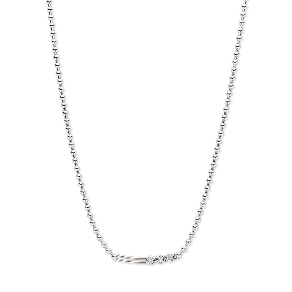 The Hulchi Belluni 18K White Gold Diamond Necklace features a slender chain and a horizontal bar adorned with three round brilliant diamonds totaling 0.24 carats.