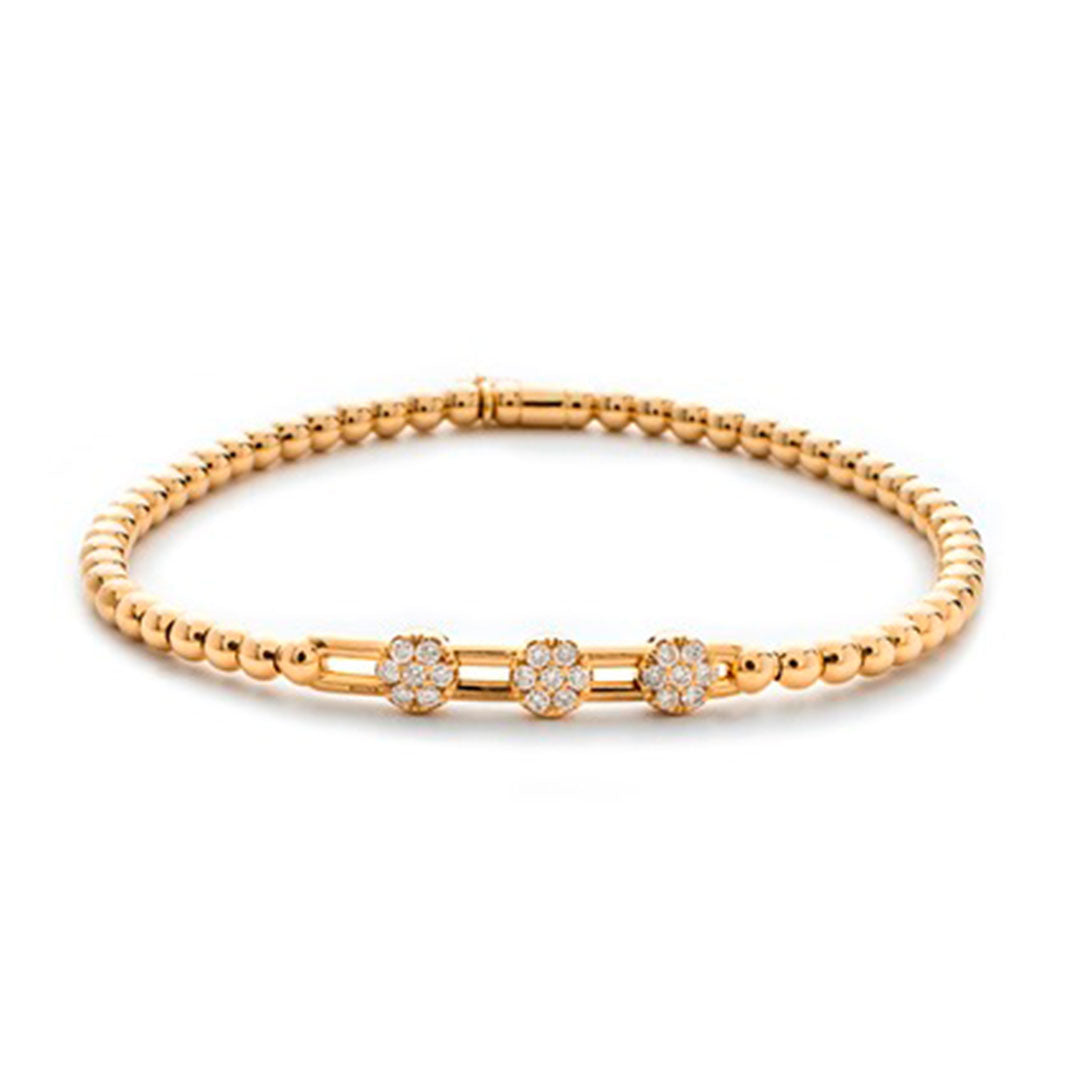 The Hulchi Belluni 18K Yellow Gold Diamond Bracelet features three flower-shaped clusters, each with a round brilliant SI-VS clarity diamond at the center, set on a delicate gold beaded chain.