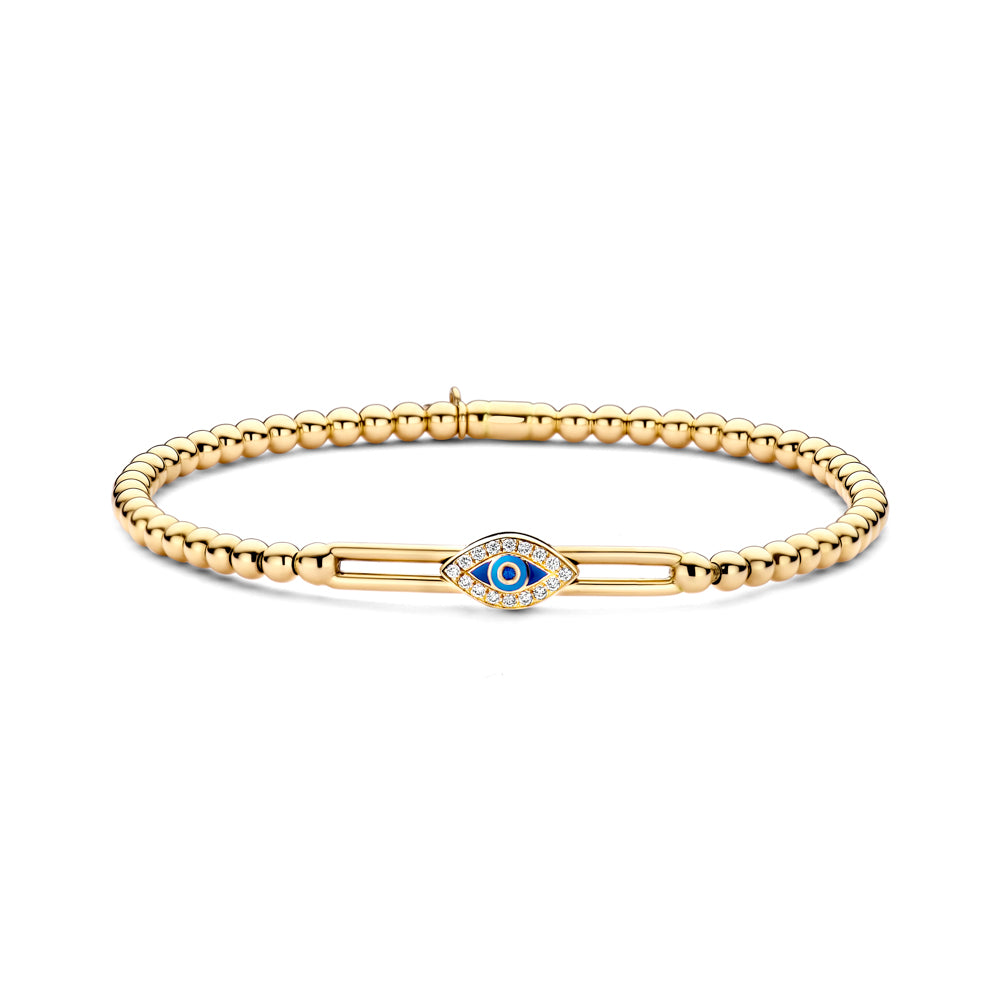 The Hulchi Belluni 18K Yellow Gold Diamond and Sapphire Bracelet features a central evil eye charm with blue, white, and clear stones set in 18K yellow gold.