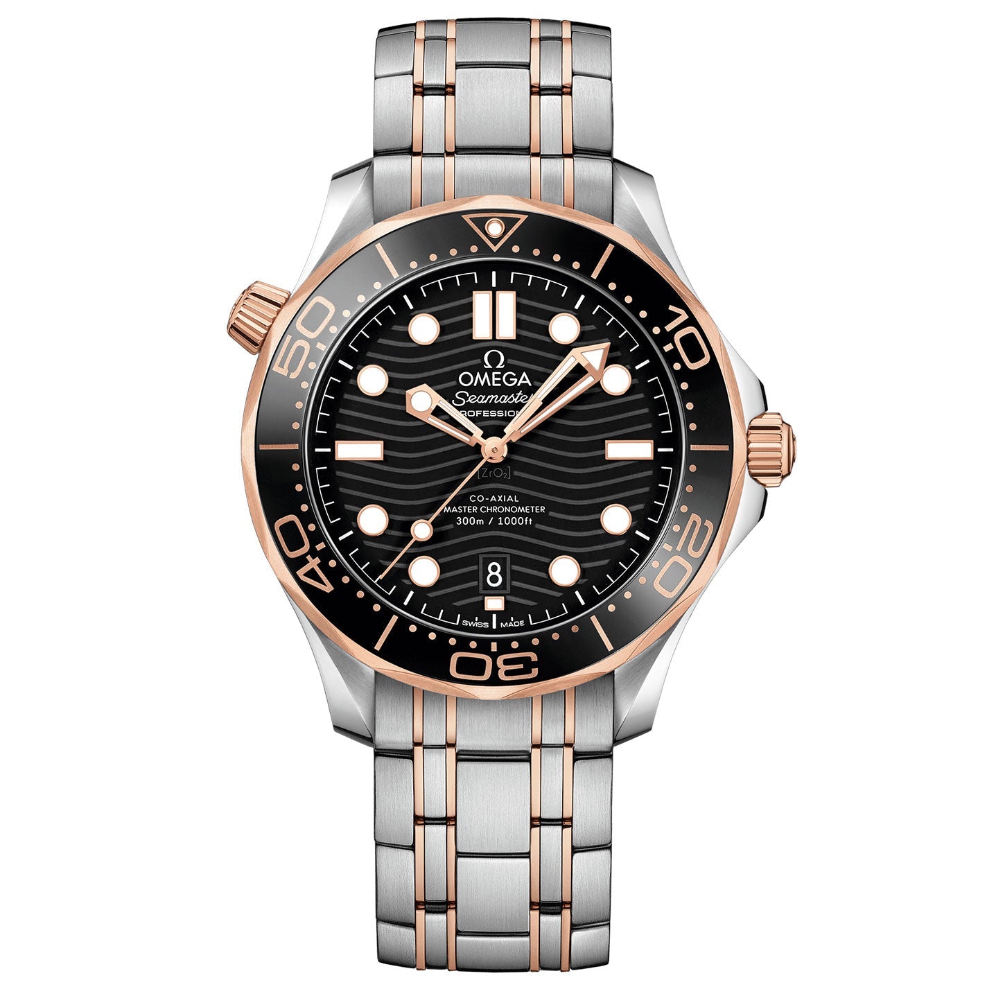 The OMEGA Seamaster Diver 300M Co-Axial Master Chronometer 42mm Watch is a luxury timepiece featuring a bracelet and case crafted from stainless steel and 18K Sedna™ gold. It showcases a black wavy-patterned dial with luminous indices, a date window positioned at 6 o'clock, and a rotating bezel adorned with gold accents. The watch proudly carries the OMEGA Master Chronometer certification on the dial.