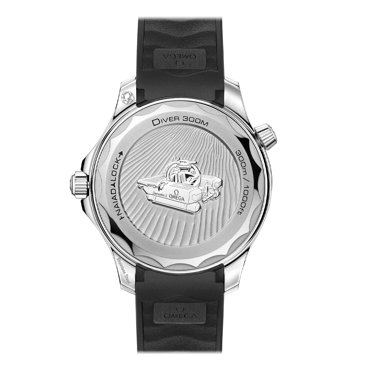 The image displays the reverse side of an OMEGA Seamaster Diver 300M Co-Axial Master Chronometer 42mm Watch Nekton Edition, featuring a silver case and black strap. The case back includes a detailed car illustration on textured waves with the inscriptions "Diver 300m" and "Naiad Lock," highlighting the advanced Master Chronometer Calibre 8806 movement.