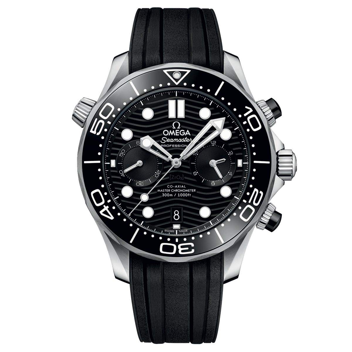 The OMEGA Seamaster Diver 300M Co-Axial Master Chronometer Chronograph 44mm Watch showcases a black and silver design with a round face and black rubber strap. It features white hour markers, three subdials, and bold white numerals on the polished black ceramic bezel. The brand name "OMEGA" is prominently displayed on the dial.