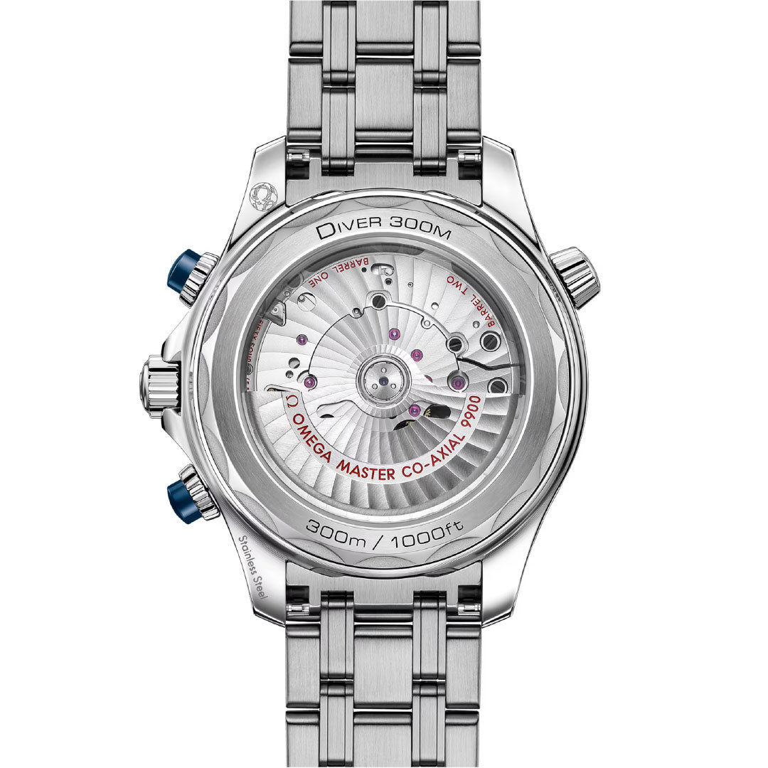 The back view of the OMEGA Seamaster Diver 300M Co-Axial Master Chronometer Chronograph 44mm reveals its transparent case back, inner mechanical movement, and engravings noting water resistance to 300m/1000ft.
