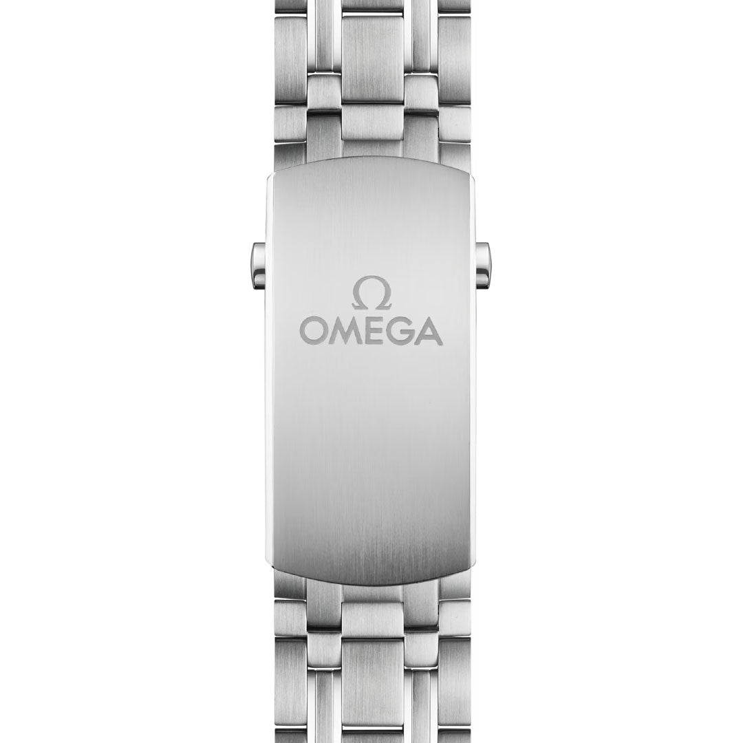 A close-up of the OMEGA Seamaster Diver 300M Co-Axial Master Chronometer Chronograph 44mm Watch’s stainless steel bracelet clasp, showing the engraved OMEGA logo and brand name on its brushed metal surface.