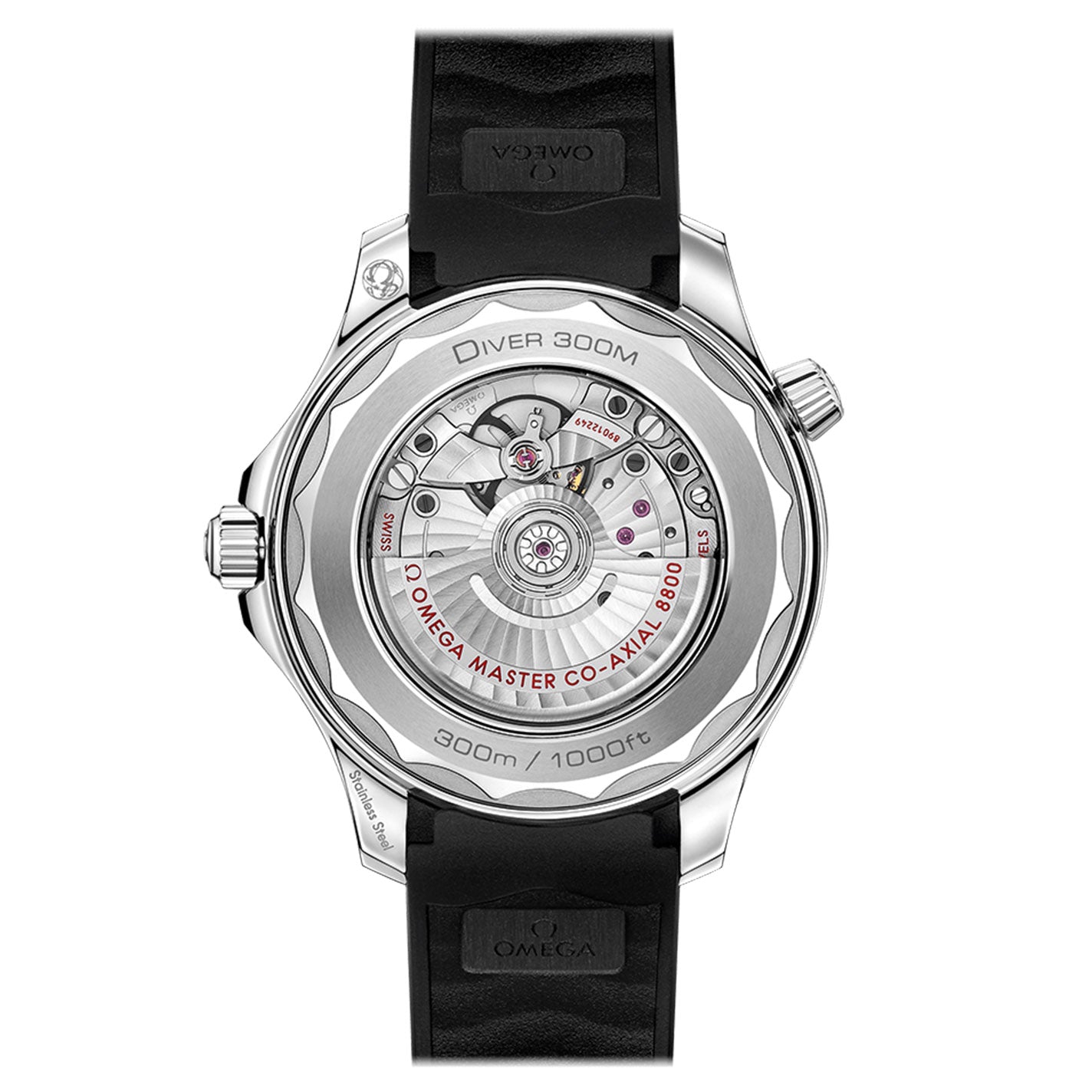 Rear view of the luxurious OMEGA Seamaster Diver 300M Co-Axial Master Chronometer 42mm Watch, featuring its transparent case back that reveals intricate mechanical movement details alongside "Master Co-Axial 8800" engravings. The watch is adorned with a polished black ceramic bezel and complemented by a black strap for an elegant finish.