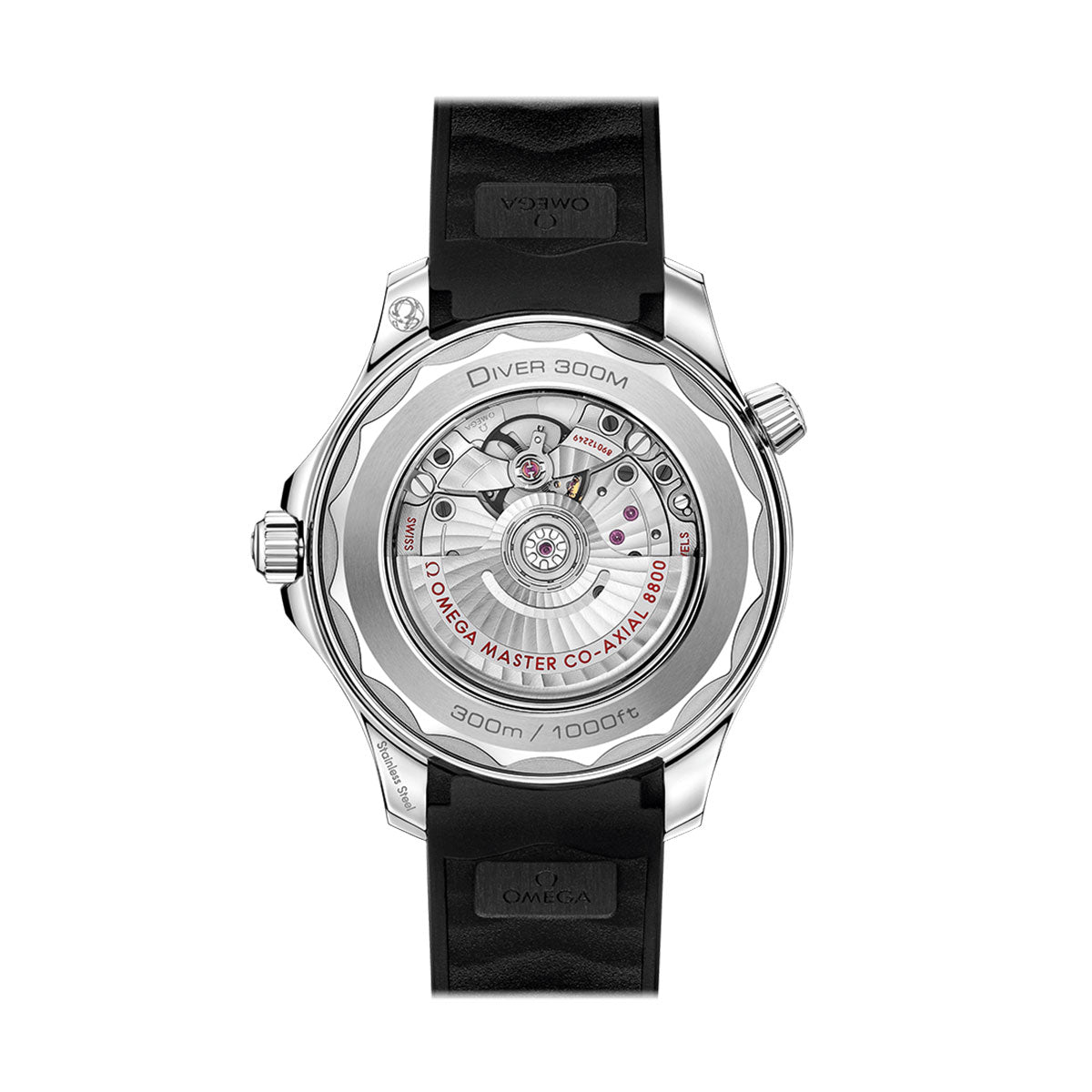 The image highlights the back of the OMEGA Seamaster Diver 300M Co-Axial Master Chronometer 42mm watch, showcasing its sophisticated mechanical movement. The stainless steel case includes a transparent center that reveals the intricate gears and details. The black strap and engravings indicate water resistance and model information.