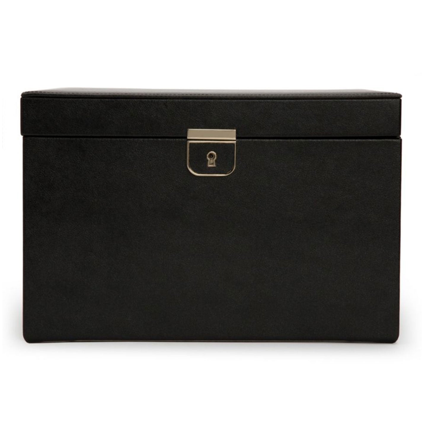 The WOLF 1834 Palermo Large Jewellery Box boasts a sophisticated black exterior with a textured leather finish and a metallic latch on the front. Its interior is lined with LusterLoc anti-tarnish material, keeping your valuables in pristine condition. With its rectangular design and hinged lid, this piece showcases simple elegance against a white background.