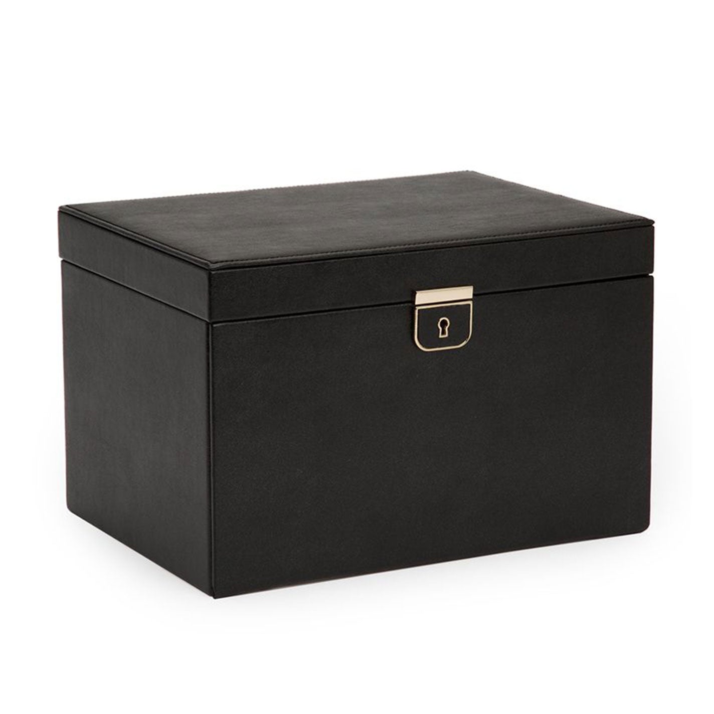 The WOLF 1834 Palermo Large Jewellery Box by WOLF is elegantly crafted from leather, featuring a black rectangular design with a hinged lid and brass-colored lock. Its smooth surface conceals a LusterLoc anti-tarnish lining, all set against a pristine white background.