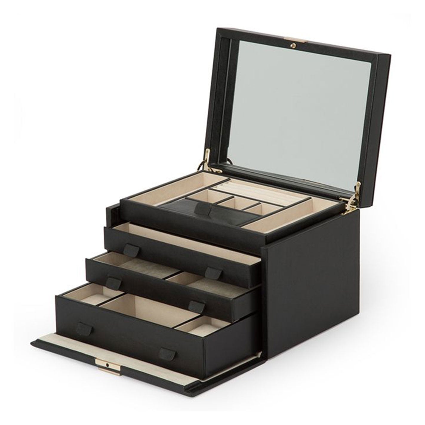 The WOLF 1834 Palermo Large Jewellery Box, designed with gold recessed locks, showcases an open lid that reveals a mirror. Its various compartments, including drawers and a top section lined with LusterLoc anti-tarnish fabric, make it ideal for organizing jewelry.