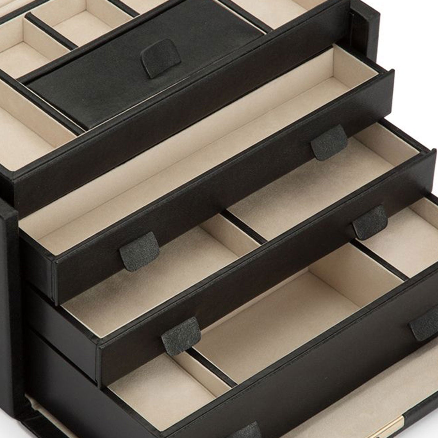 The WOLF 1834 Palermo Large Jewellery Box, made from exquisite leather, includes several compartments and drawers lined with LusterLoc anti-tarnish fabric, ideal for organizing and storing your treasured jewelry collection.