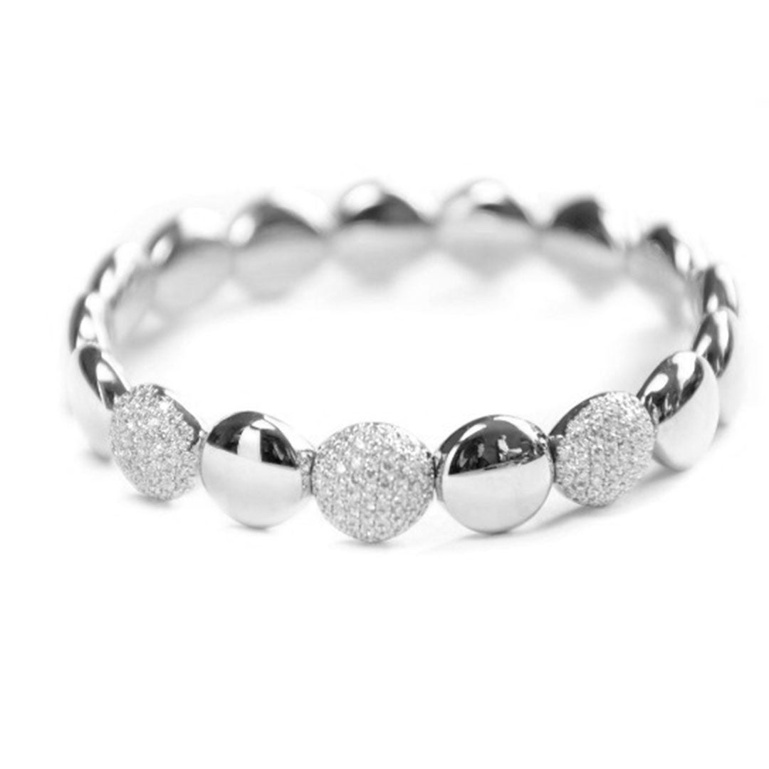 The Hulchi Belluni Tresore 18K White Gold Diamond Bracelet showcases alternating smooth and textured round beads, with the textured beads set with round brilliant diamonds totaling 1.15 CTW, shown on a white background.