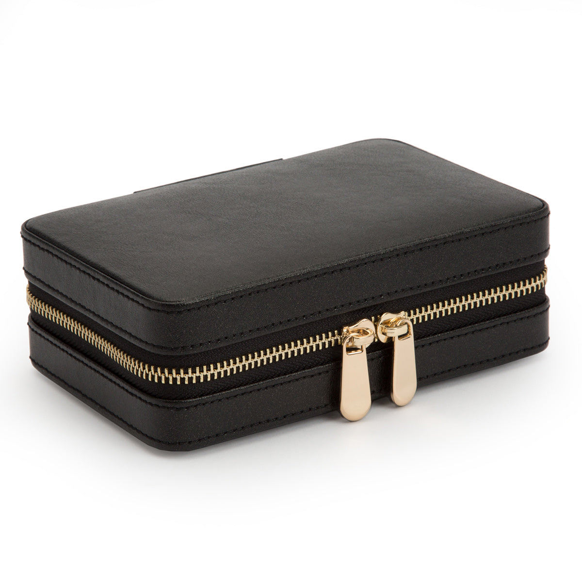A stylish black rectangular leather WOLF 1834 Palermo Zip Case with a gold zipper and two pulls is displayed on a white background. Perfect for storing jewelry, this minimalist design includes WOLF's signature LusterLocâ„¢ anti-tarnish lining to maintain the pristine condition of your cherished pieces.