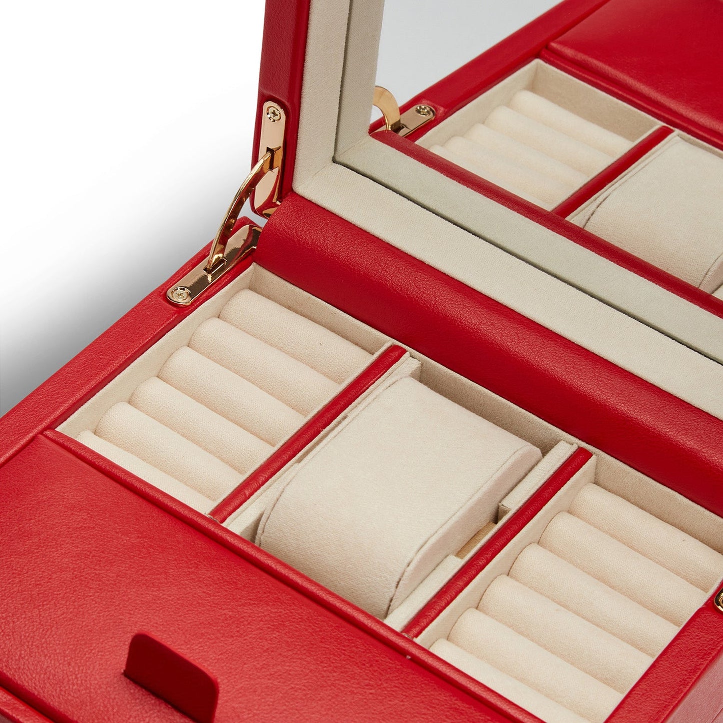 The WOLF 1834 Palermo Single Watch Winder with Jewelry Storage showcases a vibrant red exterior and an open lid that reveals neatly arranged compartments lined with beige fabric. It includes a secure lock-in dynamic cuff, padded slots for rings, and multiple sections to keep your jewelry pieces organized and safe.
