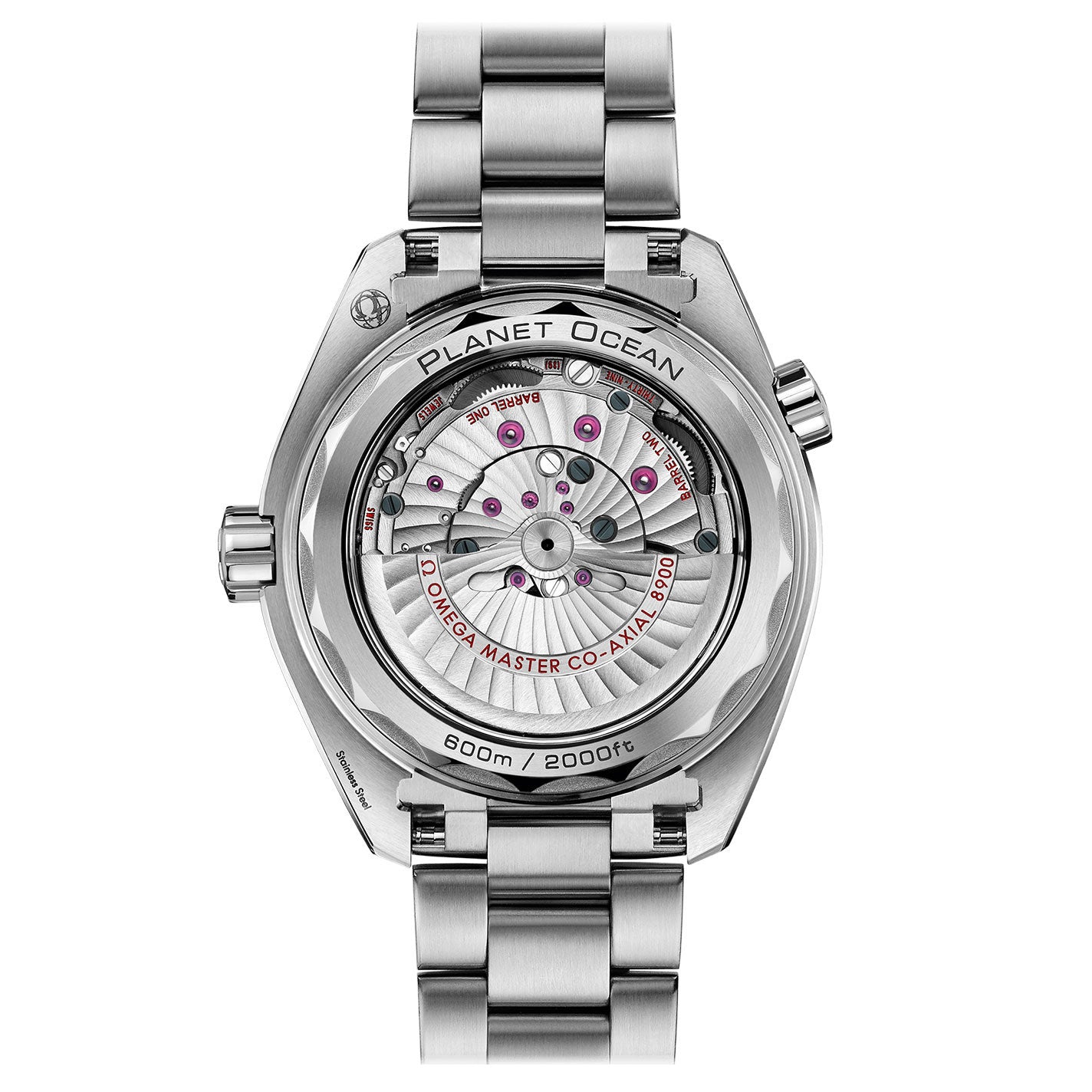 The image showcases the back of an OMEGA Seamaster Planet Ocean 600M Co-Axial Master Chronometer, featuring a silver wristwatch with a transparent case back that reveals its intricate internal mechanisms. This dive watch proudly displays "Planet Ocean" and "600m/2000ft", illustrating both precision and style, while sporting a sleek metal bracelet.