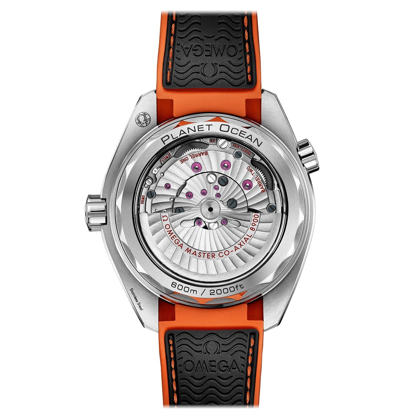 The image displays the rear view of the OMEGA Seamaster Planet Ocean 600M Co-Axial Master Chronometer 43.5mm Watch, revealing its detailed mechanical movement through a clear case. This timepiece, accompanied by an orange and black rubber strap, boasts water resistance up to 600 meters or 2000 feet.