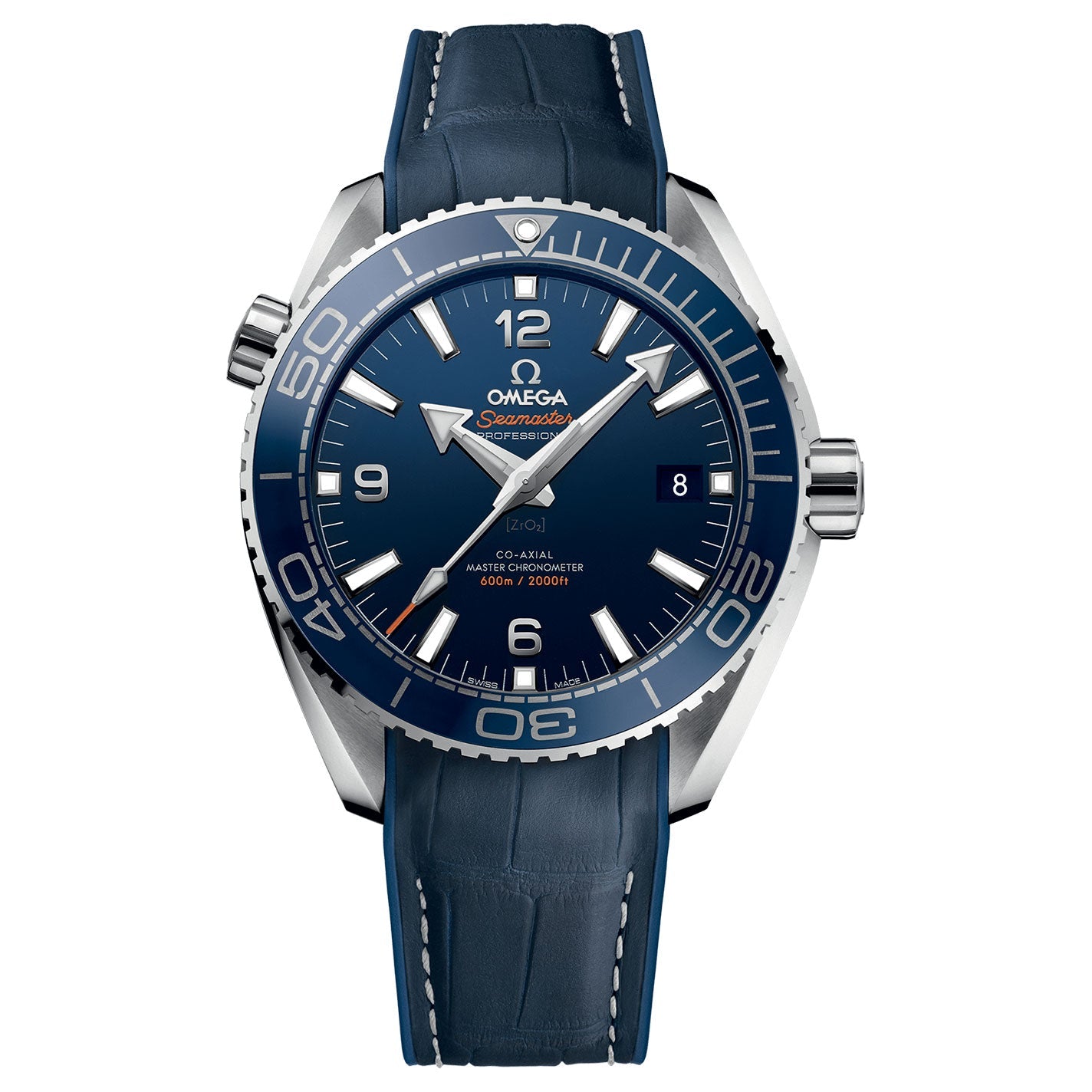 The OMEGA Seamaster Planet Ocean 600M Co-Axial Master Chronometer 43.5mm watch features a blue round face with silver-tone hands and markers. It includes a blue bezel with white numerals, a date window, and comes on a blue leather strap. The watch is water-resistant up to 600 meters or 2000 feet.