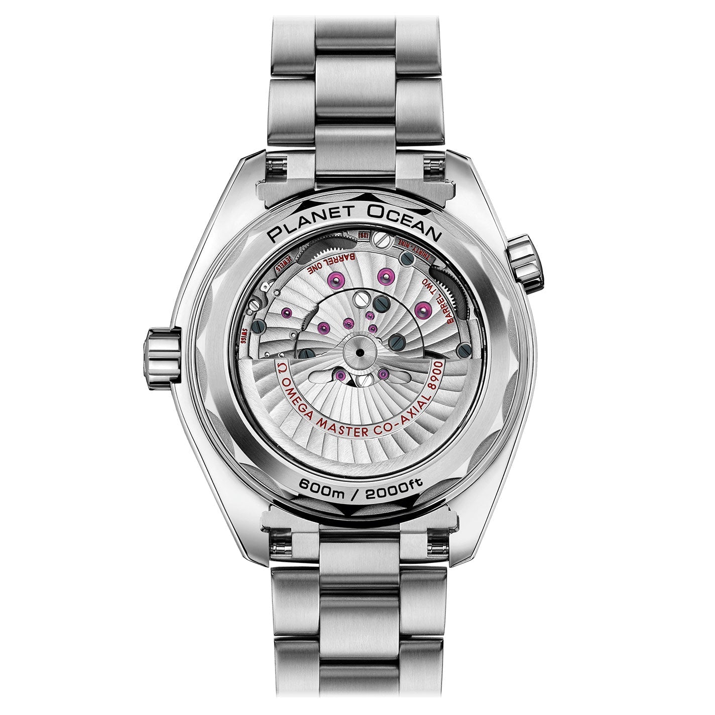 The image highlights the back of a stainless steel watch with an exhibition case back, revealing the intricate mechanical movement inside. The OMEGA Seamaster Planet Ocean 600M Co-Axial Master Chronometer 43.5mm Watch showcases its impressive design, built to withstand depths of 600m/2000ft.