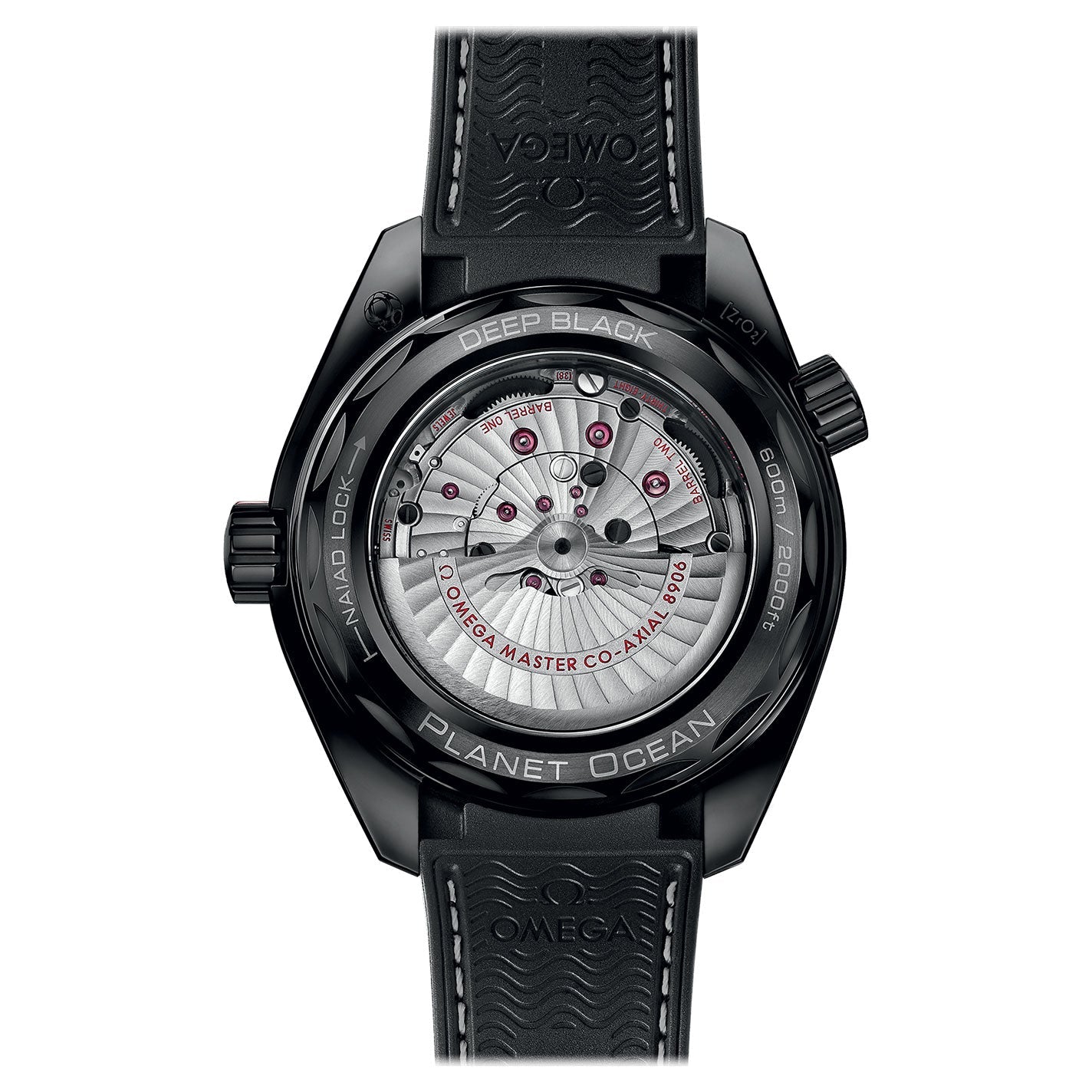 The image showcases the back of an OMEGA Seamaster Planet Ocean 600M Co-Axial Master Chronometer GMT 45.5mm watch, highlighting a black case with inscriptions. Its complex inner mechanism is visible and adorned with red accents. This timepiece, expertly crafted with ceramic, features a textured black strap.