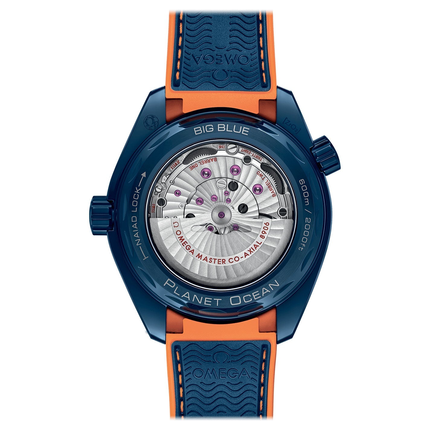The rear view of the blue and orange OMEGA Seamaster Planet Ocean 600M Co-Axial Master Chronometer GMT 45.5mm watch reveals its detailed mechanical movement with the engraving "Master Co-Axial 8906." The blue ceramic case displays the "Big Blue" design, along with GMT functionality and water resistance specifications.