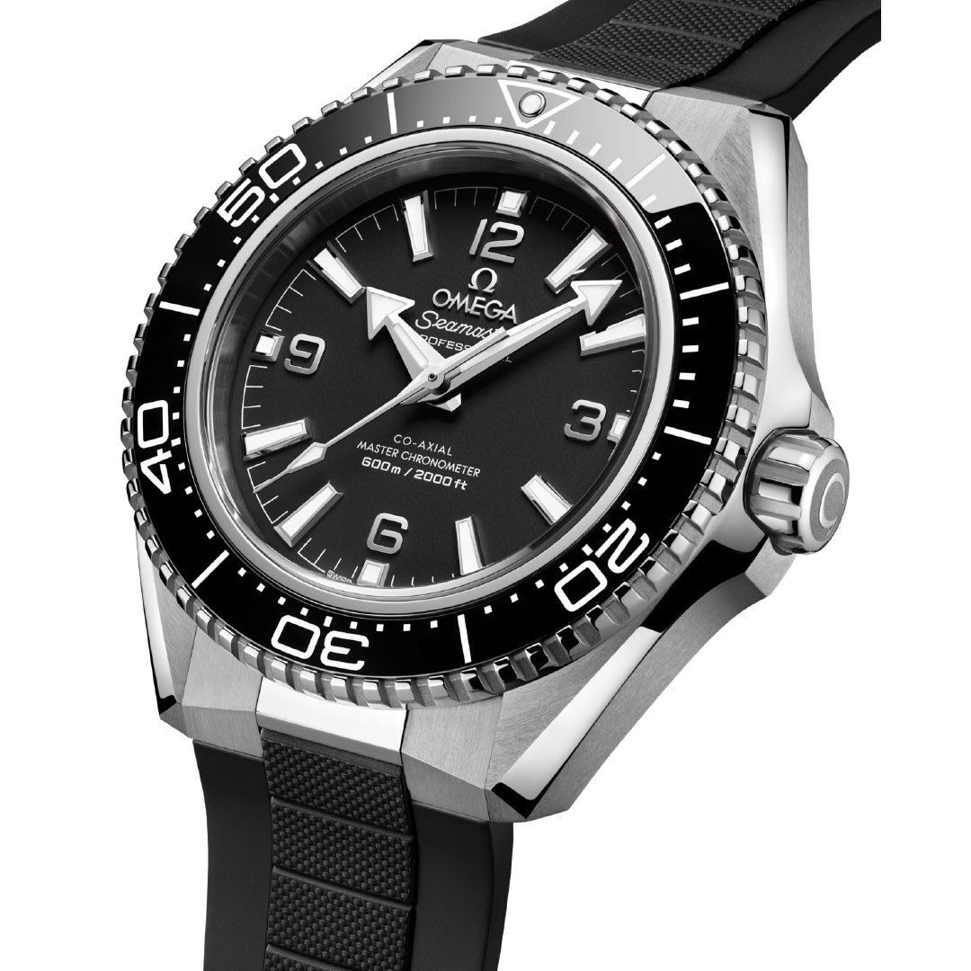 The OMEGA Seamaster Planet Ocean 600M Co-Axial Master Chronometer 42mm Watch features a black and silver design, black rubber strap, rotating bezel, bold white numerals, date window at 3 o’clock, and is water-resistant to 600m/2000ft.