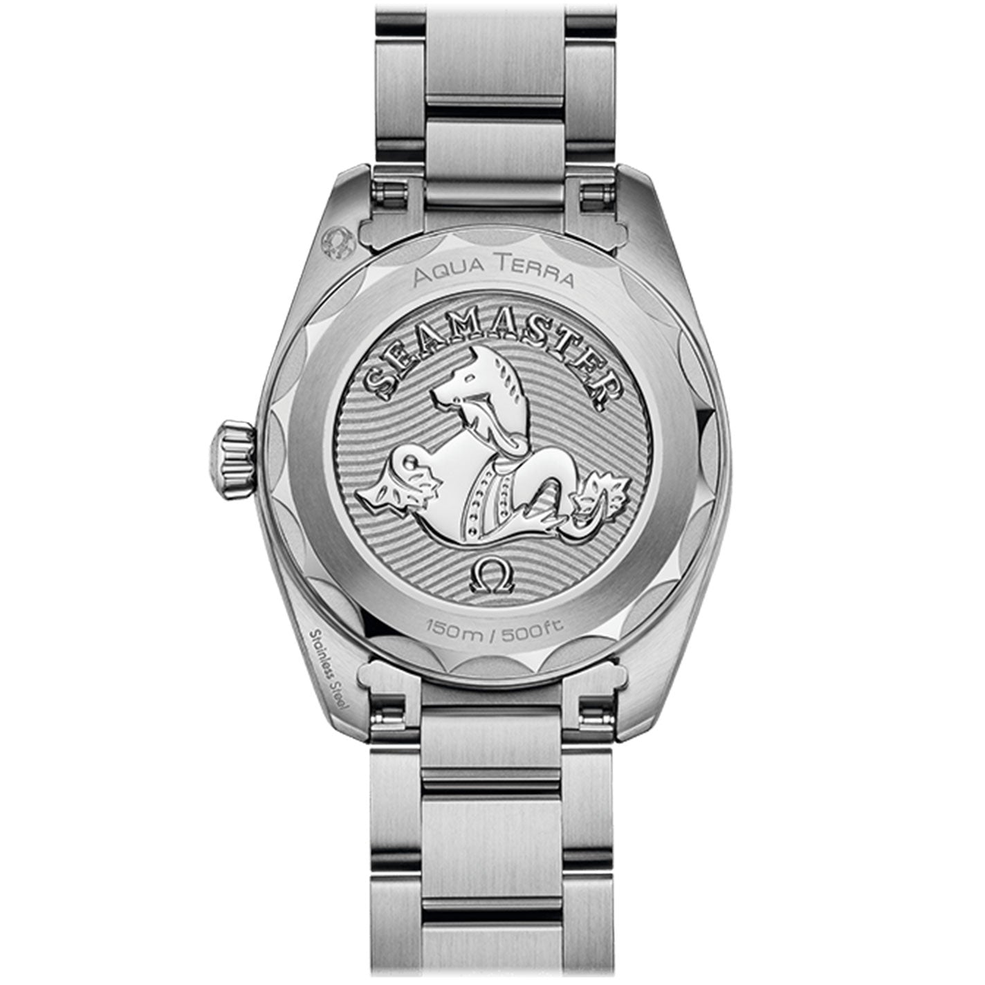 Back view of the stainless steel OMEGA Seamaster Aqua Terra 150M Quartz 28mm Watch, showcasing a detailed seahorse engraving on the case back. The engravings "AQUA TERRA" and "150m/500ft" enhance its design. This watch features a metal bracelet and diamond indexes, adding an element of elegance.